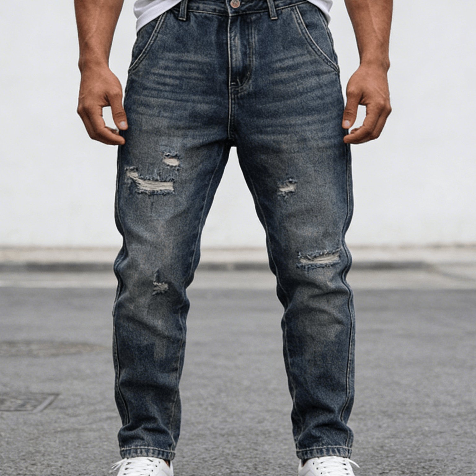 Image of Hme-267 Men's Distressed Dark Blue Ripped Jeans Frayed Slim Fit Pants High-street Retro Washed Casual Denim Trousers