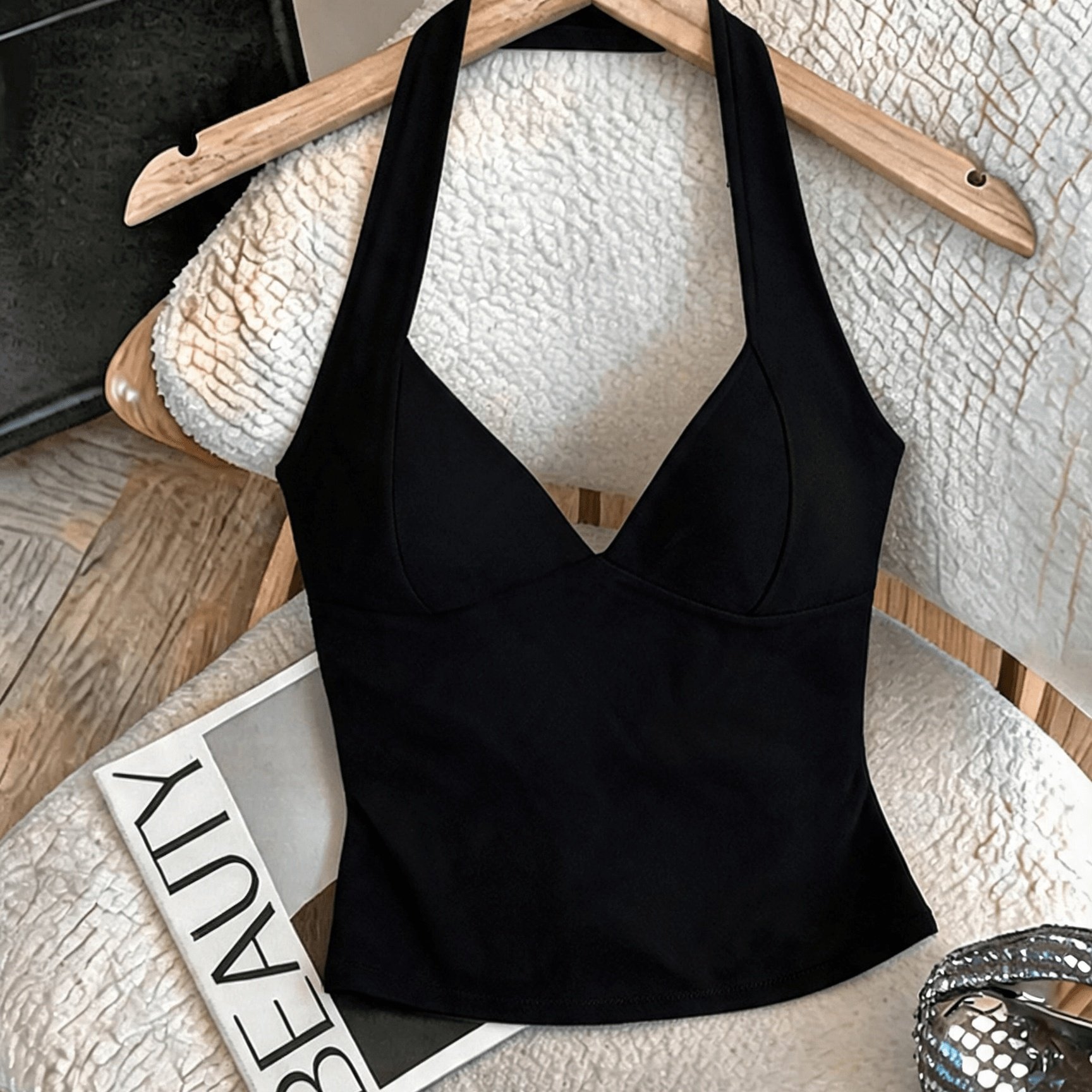 TEMU Deep V Halter Neck Camisole Top - A Tight-fitting, Short-length Exposes The Waist, Featuring A Deep V-neckline To . The Waist- Design Highlights