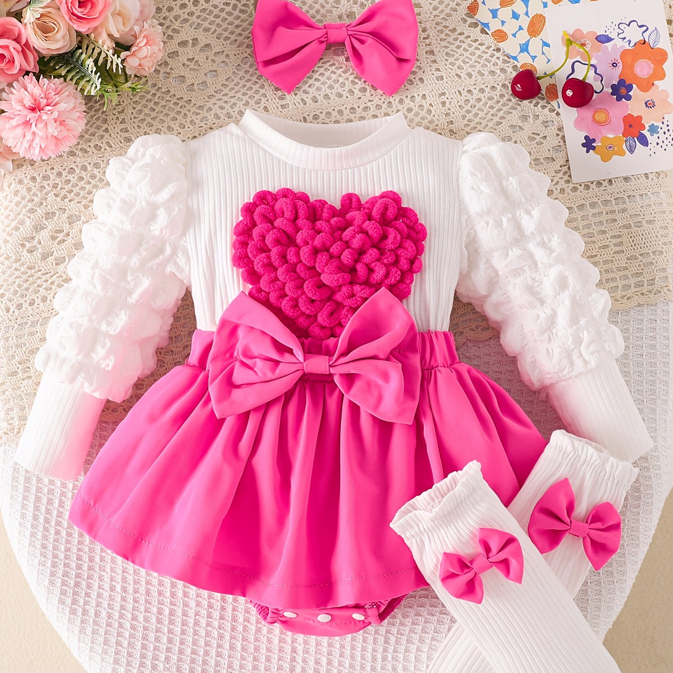 Image of Baby Girl Heart Patch Bubble Sleeve Bow Decoration Romper, Matching Headband, Pattern Socks, Suitable For Autumn And Winter Wear P101868, For Outdoor