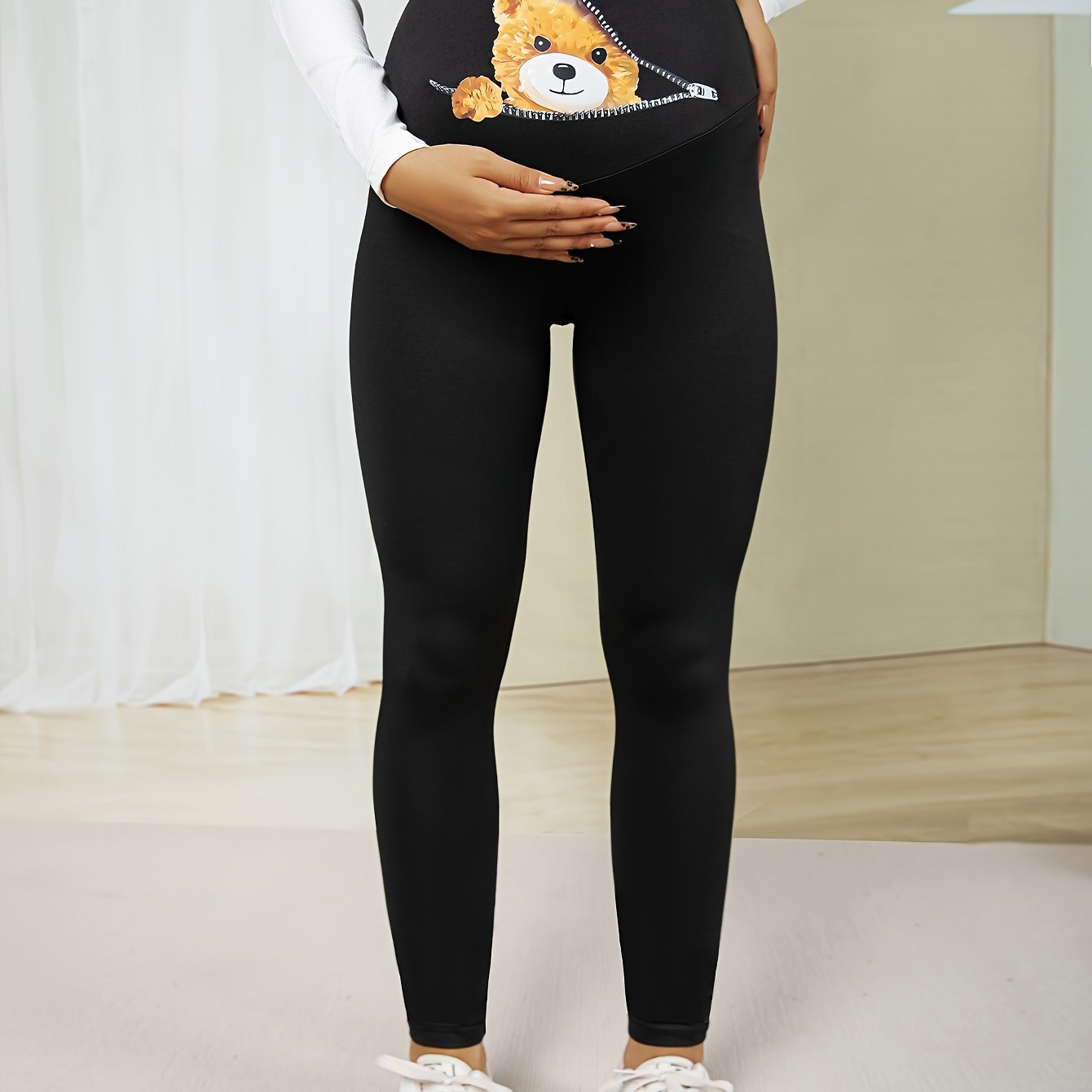 1pc Yoyi Cartoon Print High Waist Skinny Maternity Leggings, Polyester Knit Fabric, Medium Stretch, Long Length Belly Support Pants For Weekend Casual Wear - Spring/summer/fall