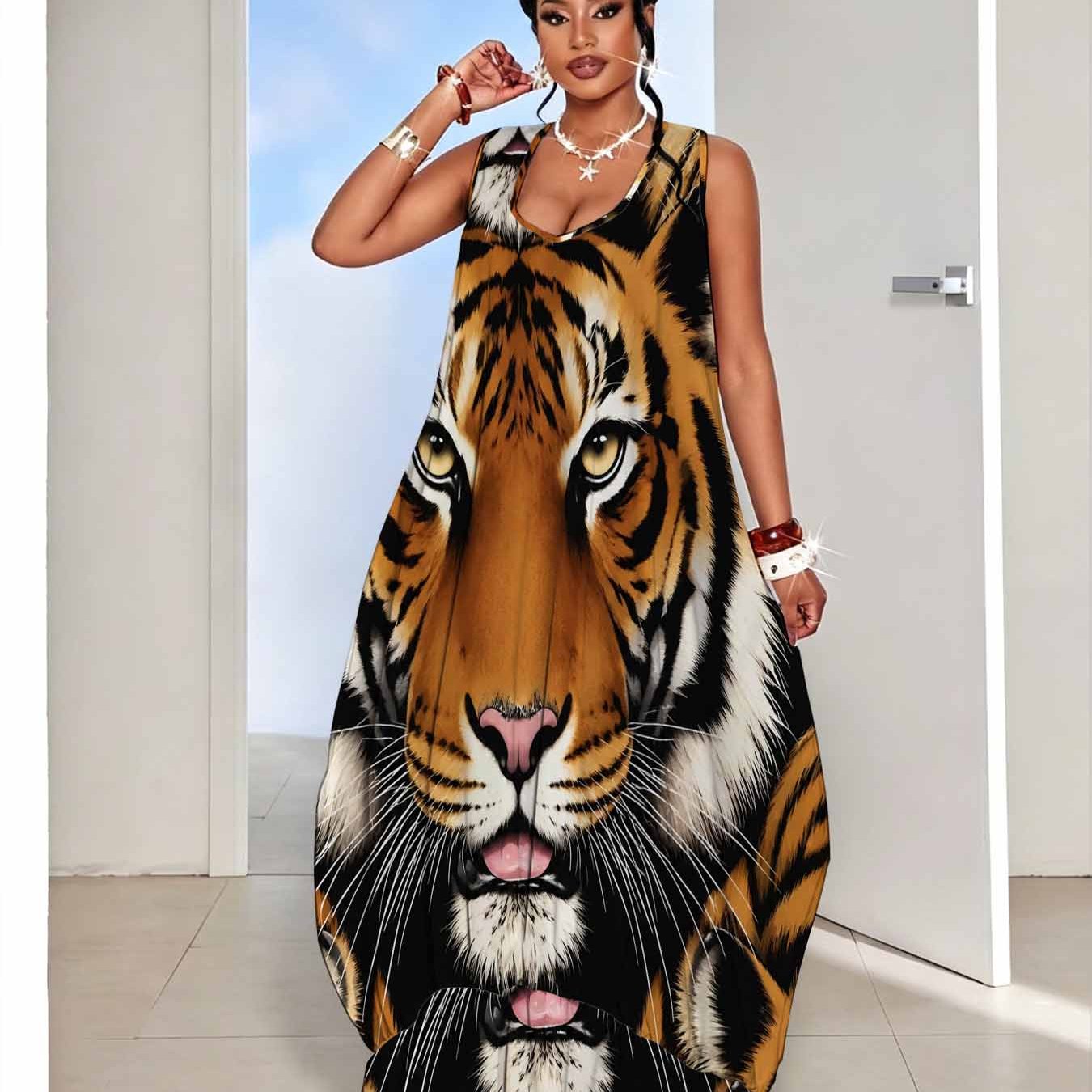 Image of Plus Size Tiger Print Dress, Women's Sleeveless Off-shoulder Loose Long Dress With Hem. Loose. Vivid. Wild Elegant Animal Graphic Style Breathable Aesthetic Streetwear Dress
