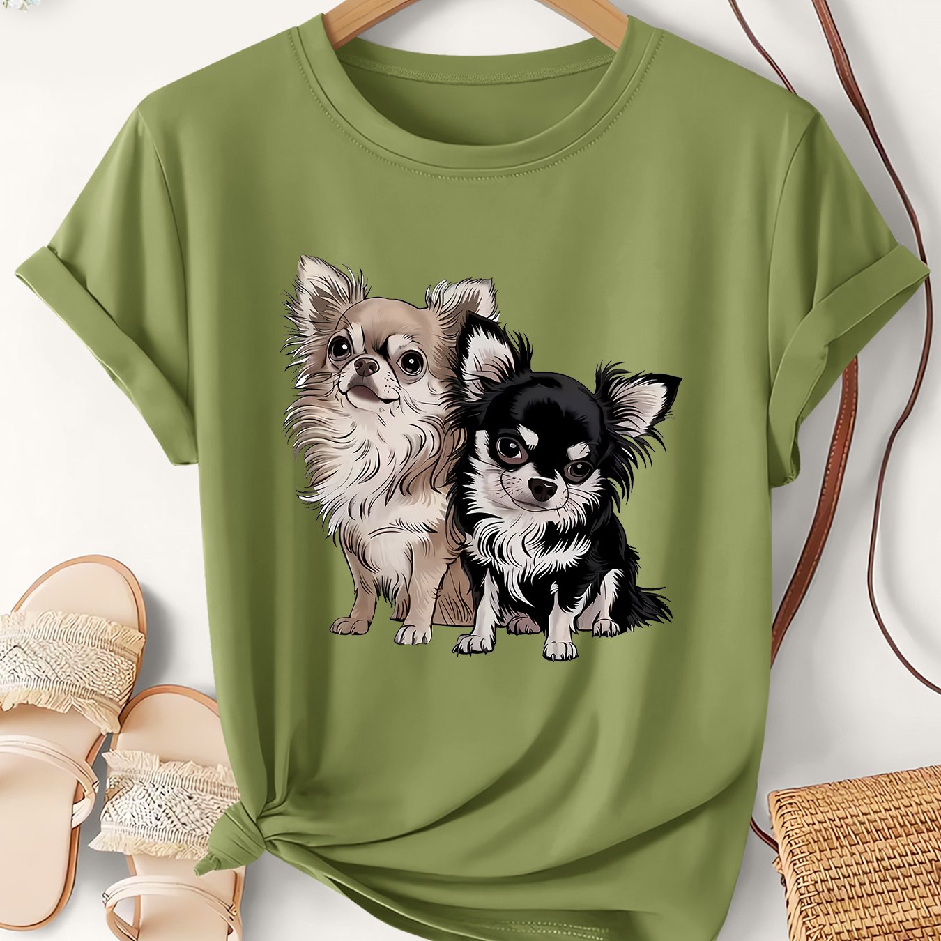 TEMU Women's Summer Plus Size Top | 2 Chihuahuas Cute Cartoon Illustration Art Print Women's T-shirt | Soft And Cute Loose Round Neck Short Sleeve |