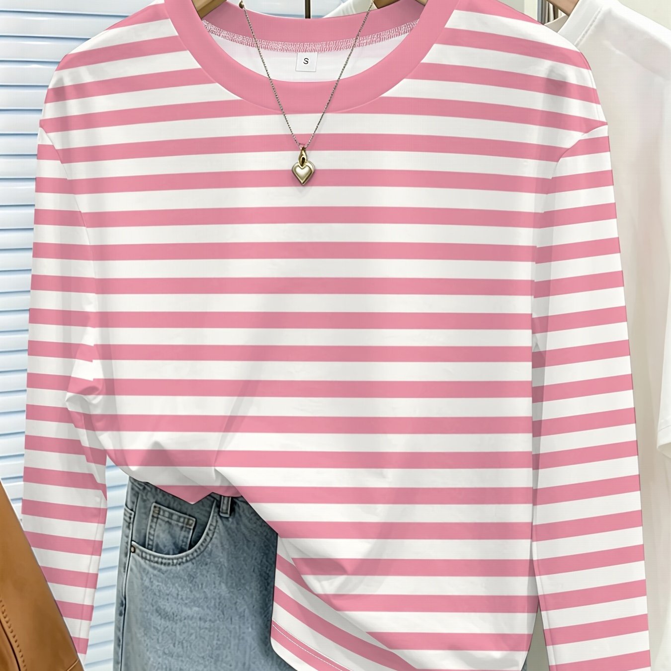 TEMU [printed Design-not Textured] Pink Striped Women's Printed Round Neck Long Sleeve T-shirt