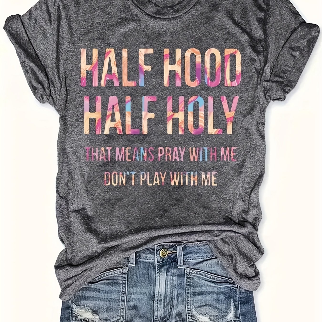 TEMU Women's Patterned Printed T-shirt- Short-sleeved, Round-neck Casual Top Featuring A "half Hood Half Holy" Slogan And Colorful Cartoon Patterns,