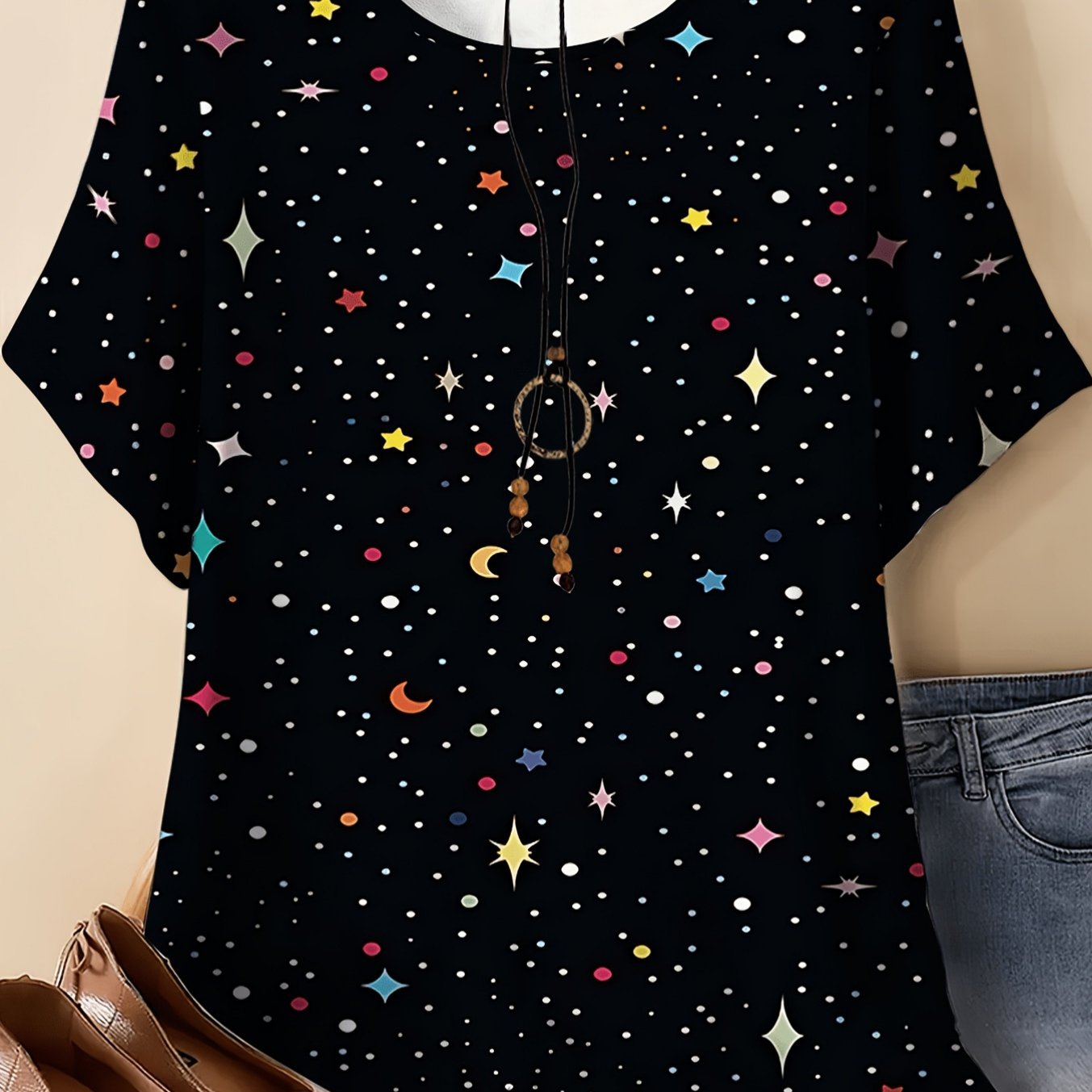 Plus Size - Plus Size - Plus Size Women's T-shirt, With Colorful Contrasting Colors: Base Provides A Calm, Mysterious Foundation That Perfectly Feel Of The Colorful Stars