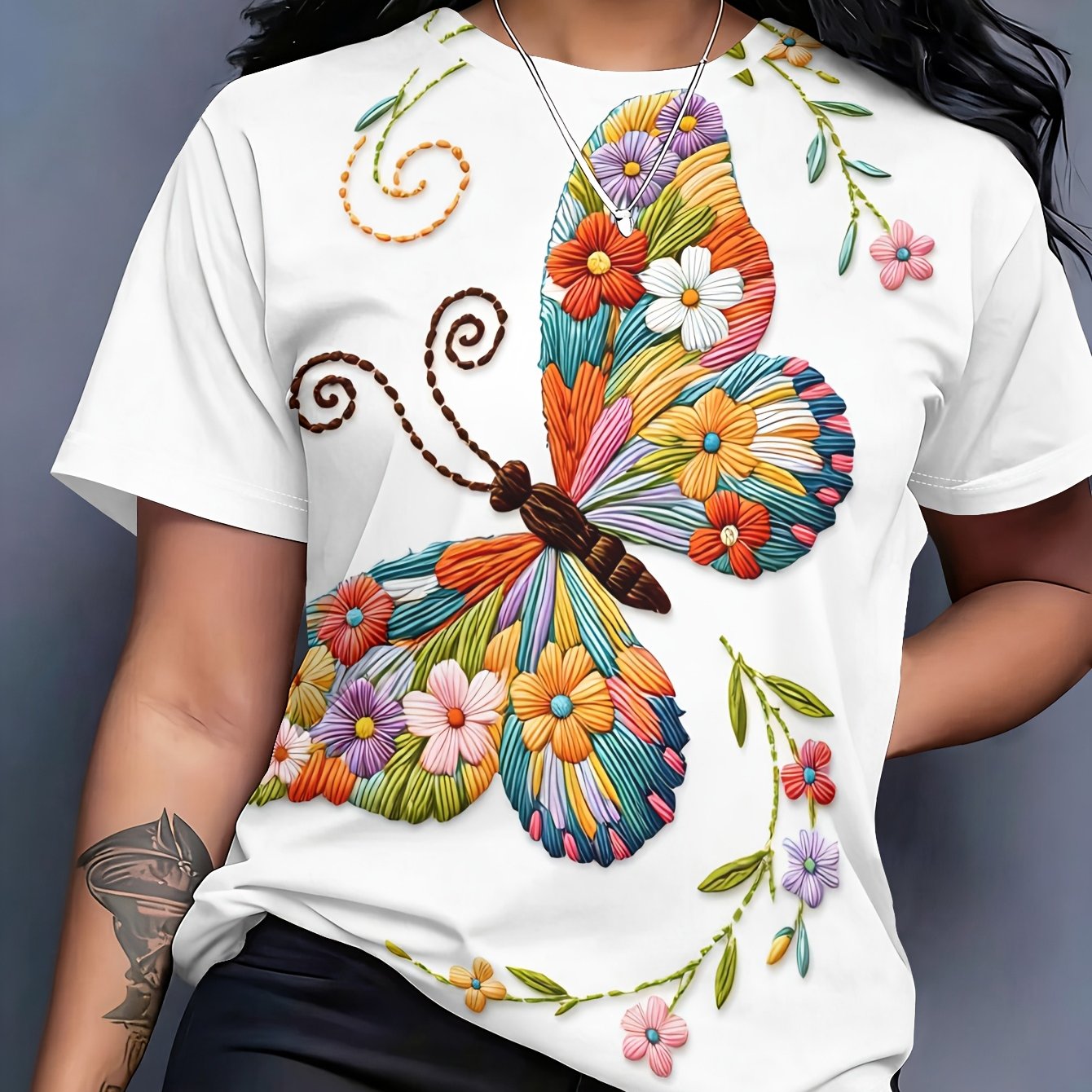 TEMU Printed Design - Not Textured Summer New Women's Short Sleeve T-shirt, Multicolor Embroidered Butterflies With Flowers And Small Flowers,
