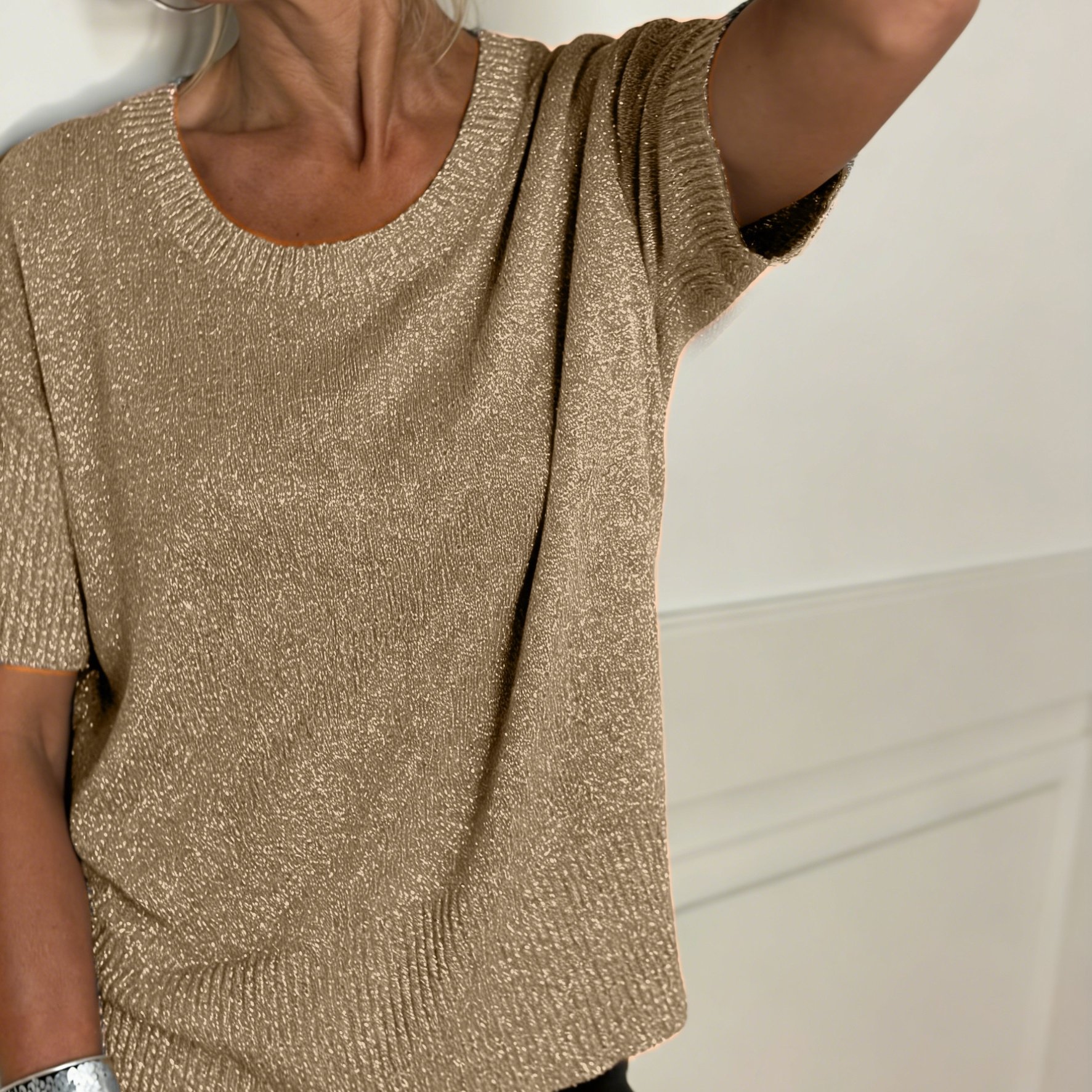 E-shop Damen Einfarbiger Rundhals-Pullover Slim Kurzarm-Top, Lässig, , Elegante Party, Frühling und Sommer