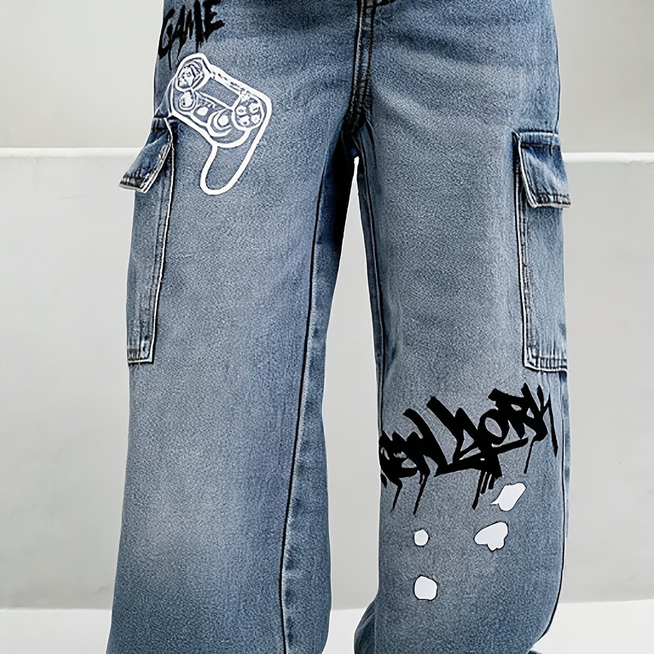 Image of Boys' And Teenagers' Blue Elastic Waist Jeans With Pockets For Outer Wear, For Teenager