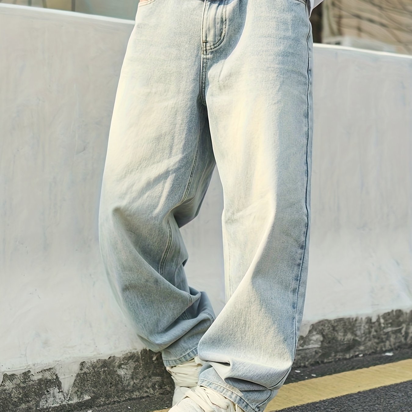 Image of Men's American-style Wide-leg Straight-cut Washed Denim Trendy Solid Color Hong Style Vintage Casual Jeans, Autumn Menswear