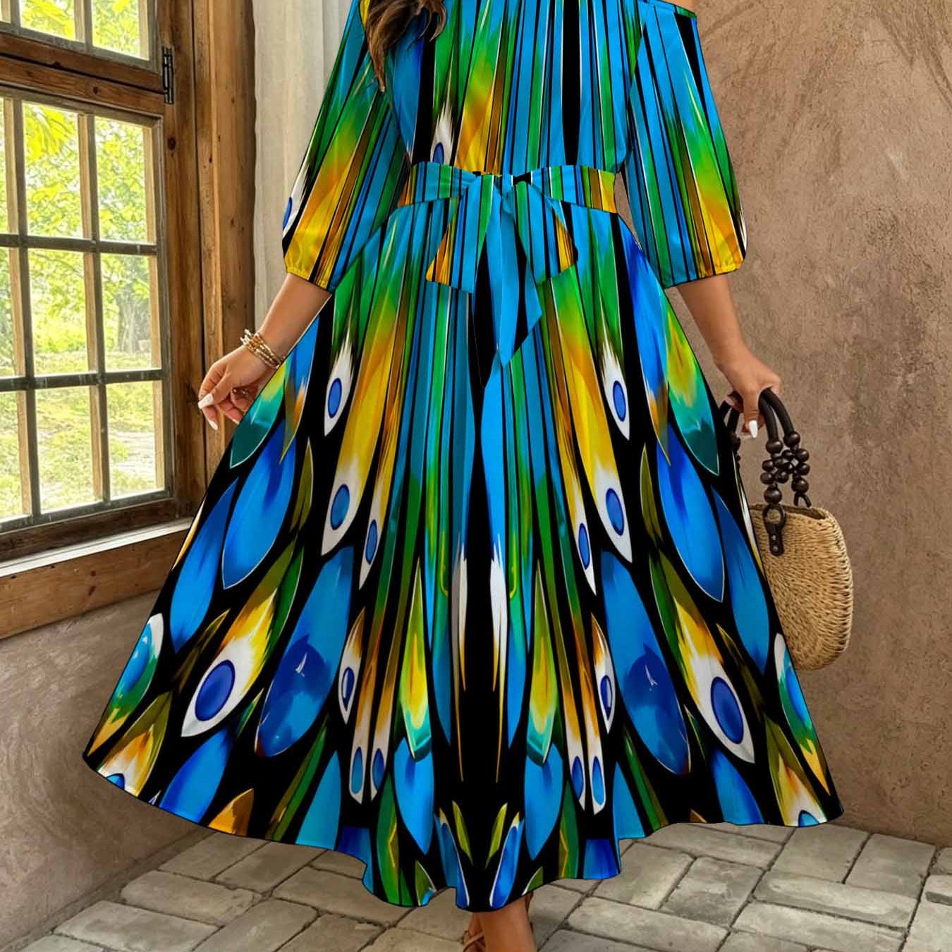 Plus Size Peacock Print Off-shoulder Maxi Dress, Bohemian Casual Belted Flowy Elegant Maxi Dress, Vibrant Tropical Party Beachwear, Stunning Colorful Artistic
