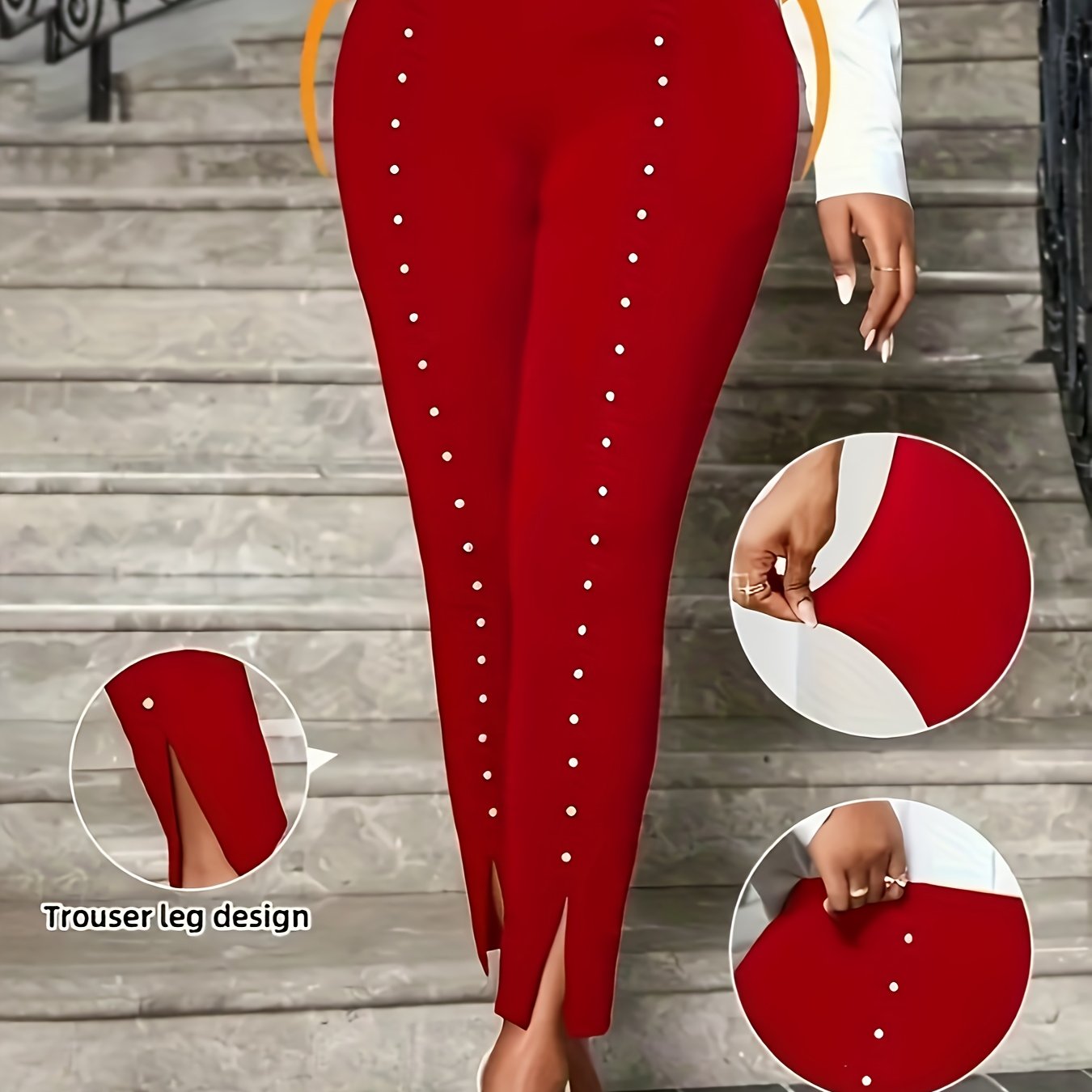 TEMU Women's Fashion Pearl-embellished Split Hem Fitted Trousers