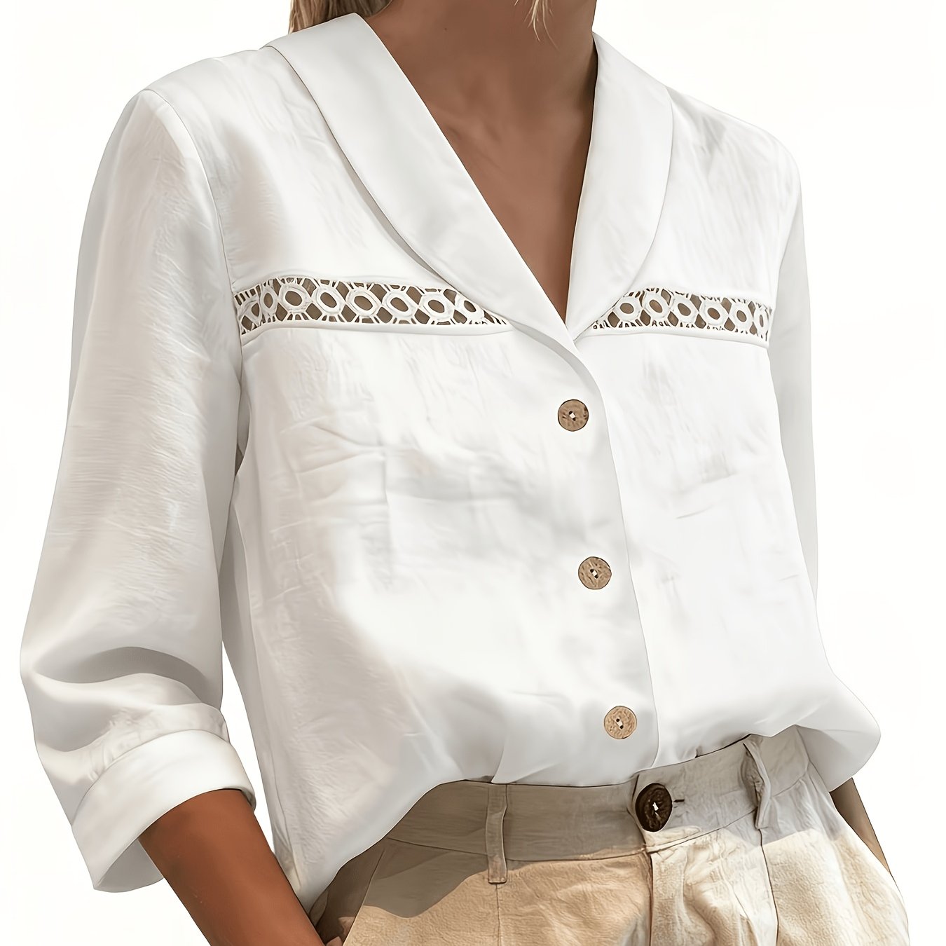 TEMU Summer Fashion New Women's Shirt Elegant Solid Color Hollow Lace Shoulder Cutout Three-quarter Sleeve Top