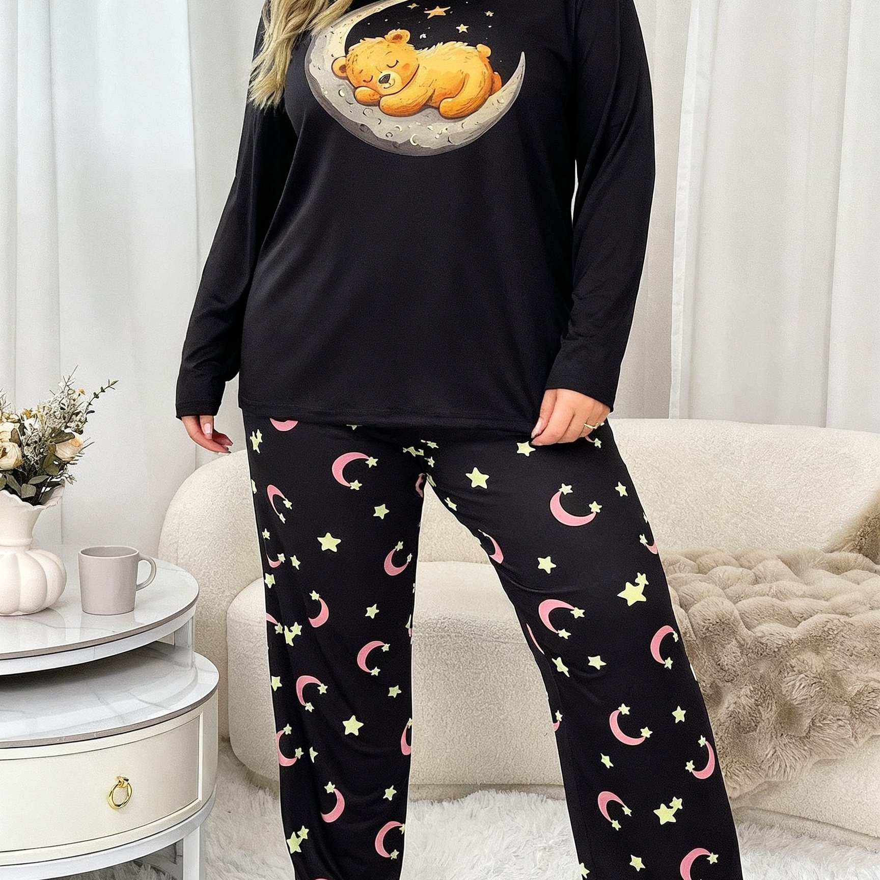 Image of Women's Plus-size Pajamas Featuring And , Black Long-sleeve Top And Pants Set, Designed For And Relaxation During Autumn And Winter