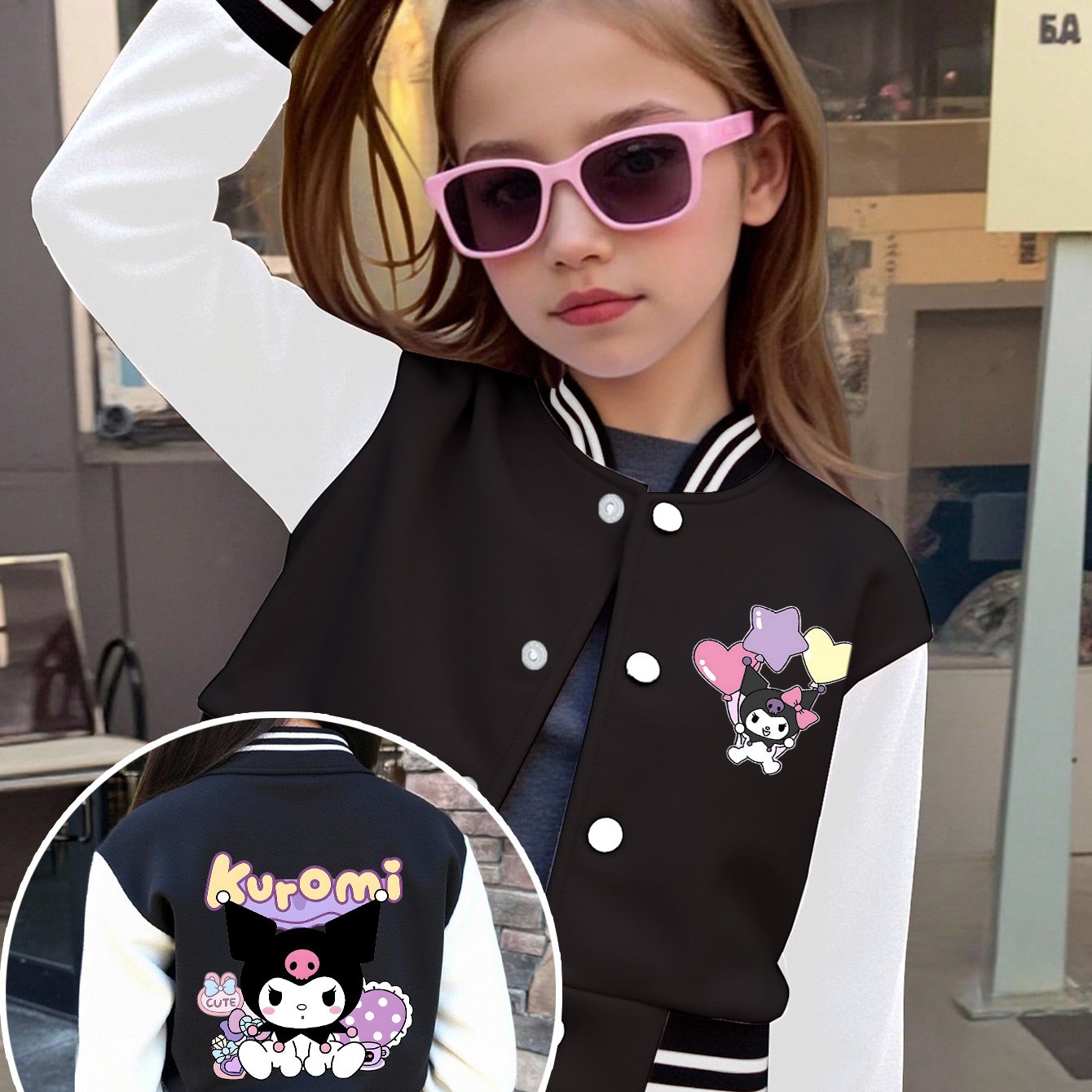 Image of [ ] Girls' Fashion Cute Kuromi Pattern Print Baseball Jacket, Cropped Style Varsity Jacket (single Piece), Cute Print, For Outdoor