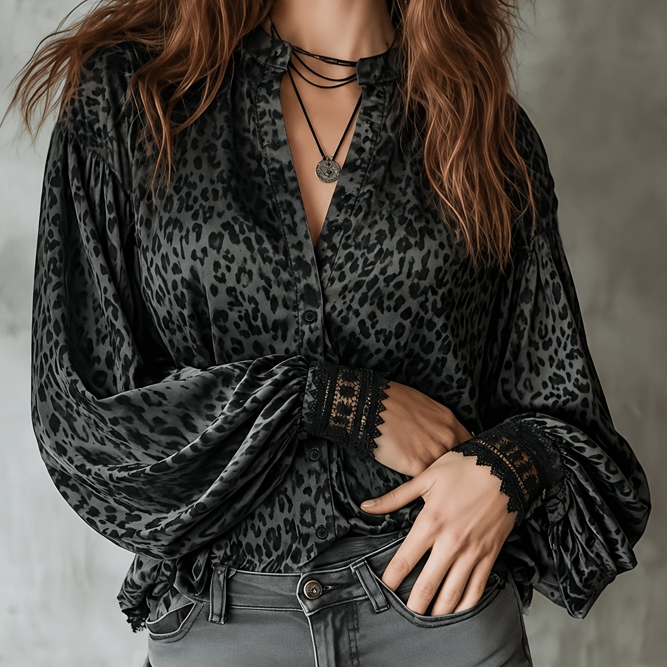 TEMU Women's Leopard Satin Blouse With Button-up Collar, Stand Collar V-neck Puff Lantern Sleeve Lace Cuffs Loose Top