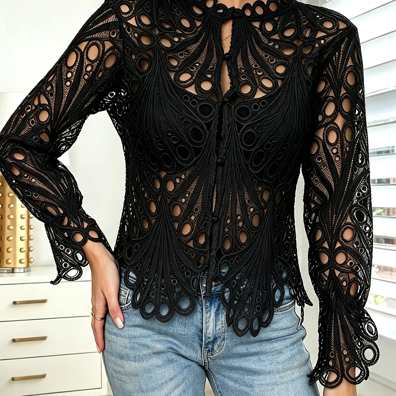 TEMU Chemise JFL377 à manches longues, dentelle au crochet ajourée, personnelle, haut , voilé, coupe ajustée, col , polyvalent, de couleur unie