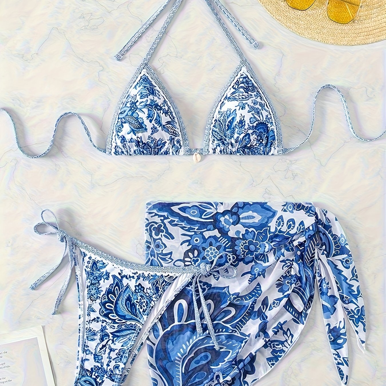 TEMU Nuovo set costume da bagno estivo stampato pezzi da donna con gonna avvolgente per spiaggia, termali e vacanze