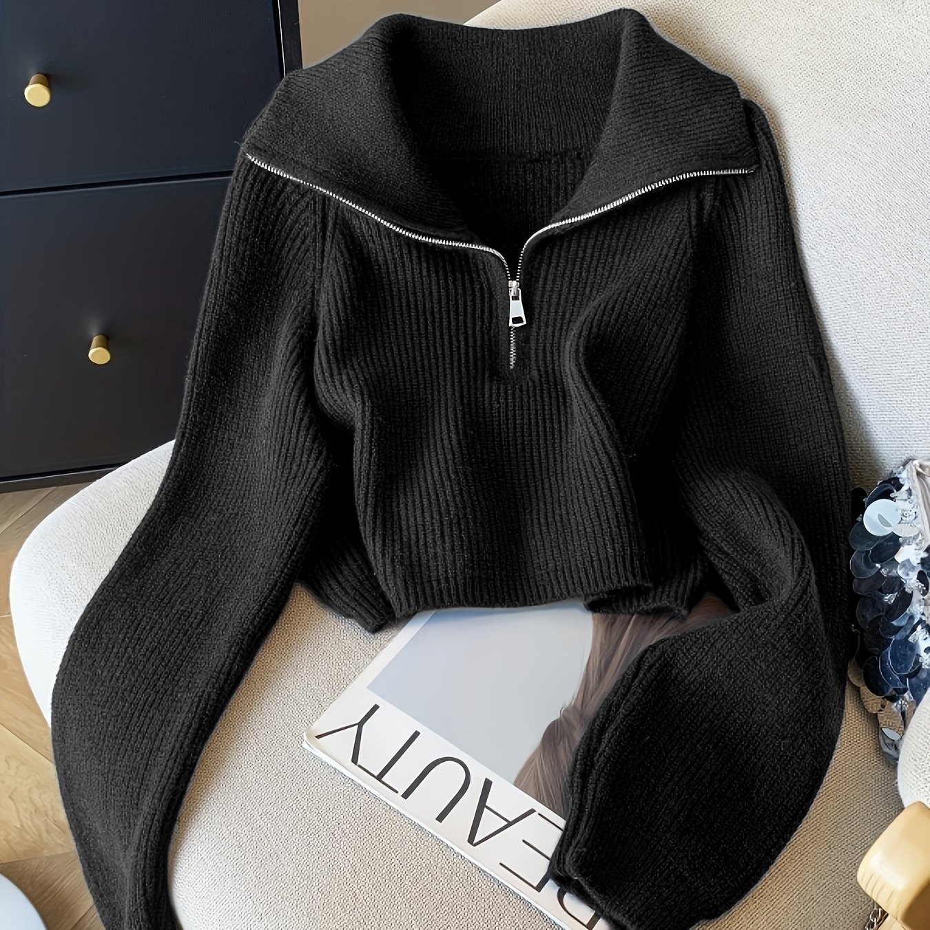 E-shop 1 Stück Eleganter, lässiger, sanfter High-Waist Kurzarm-Halb-Reißverschluss-Pullover, einfarbiger Revers, langärmliger Strick, Damen Frühling