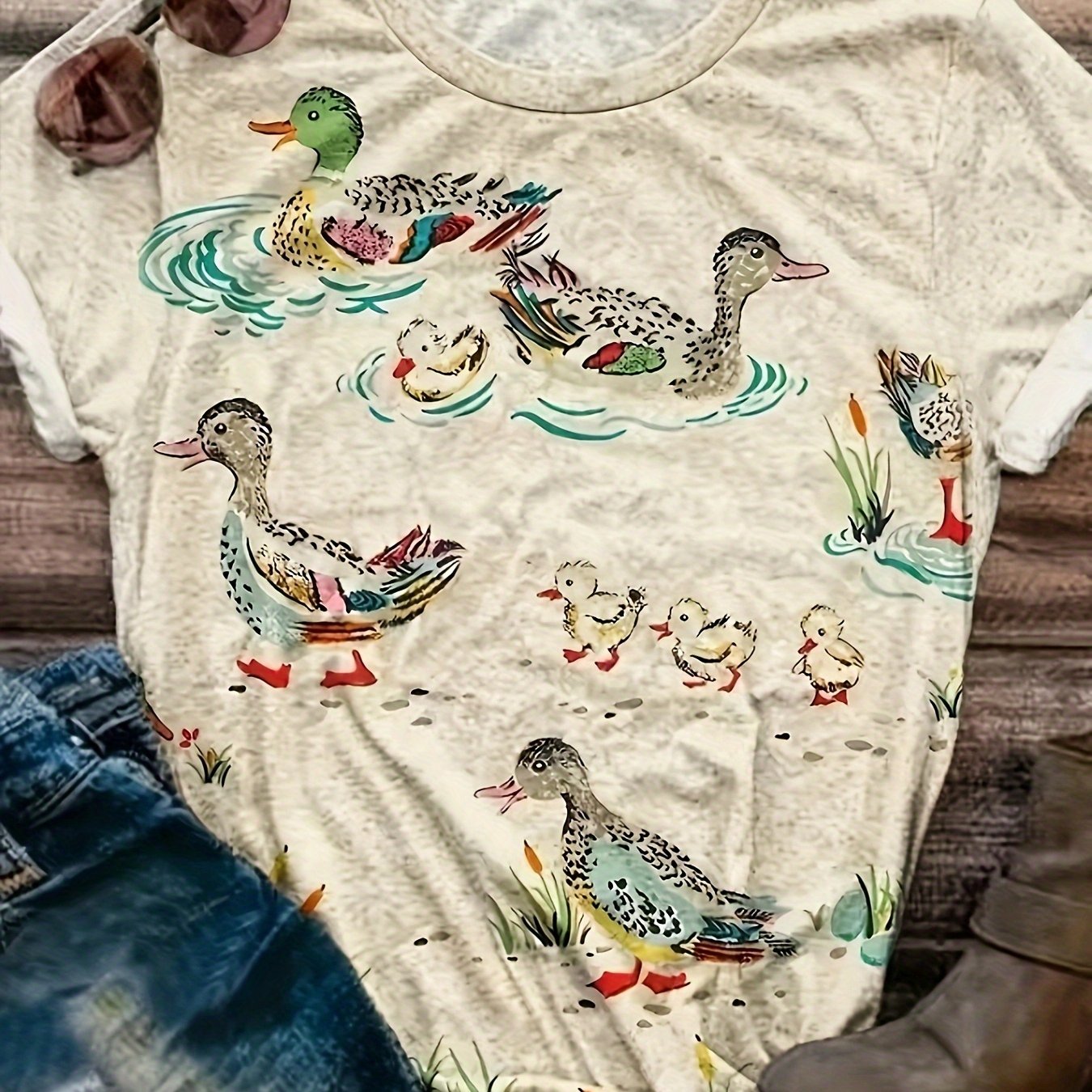 TEMU T-Shirt Femme Grande Taille à Manches Courtes Imprimé Canard Cartoon - Col Rond Doux, Haut Léger pour Printemps/Été, Lavable en Machine, Tissu