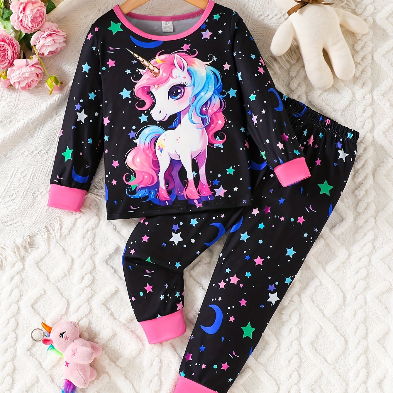 Image of Girl's 2pcs Set, Unicorn Long-sleeve Top And Star-print Pants, Comfortable Pajamas, Perfect Gift For Girls, This Product Only Under Ultraviolet Light Reactive,halloween
