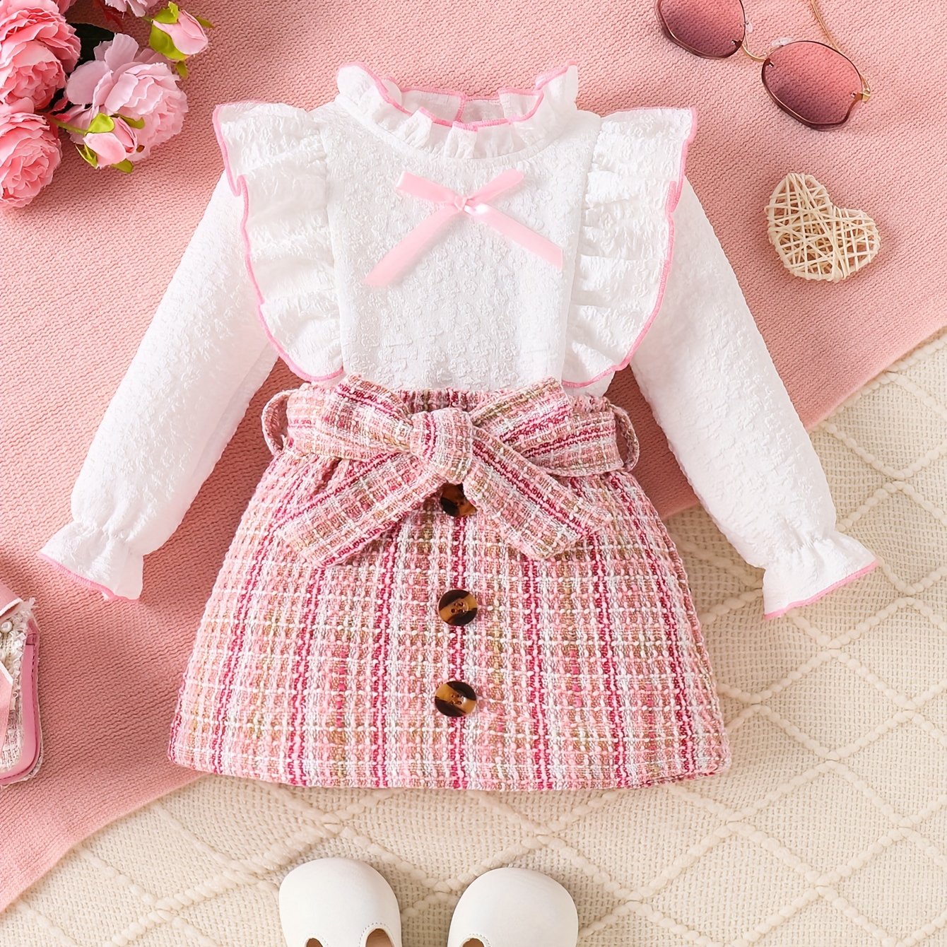 Image of Adorable Girls' Top + Skirt + Belt 3pcs Set - P100879, Perfect For Outdoor