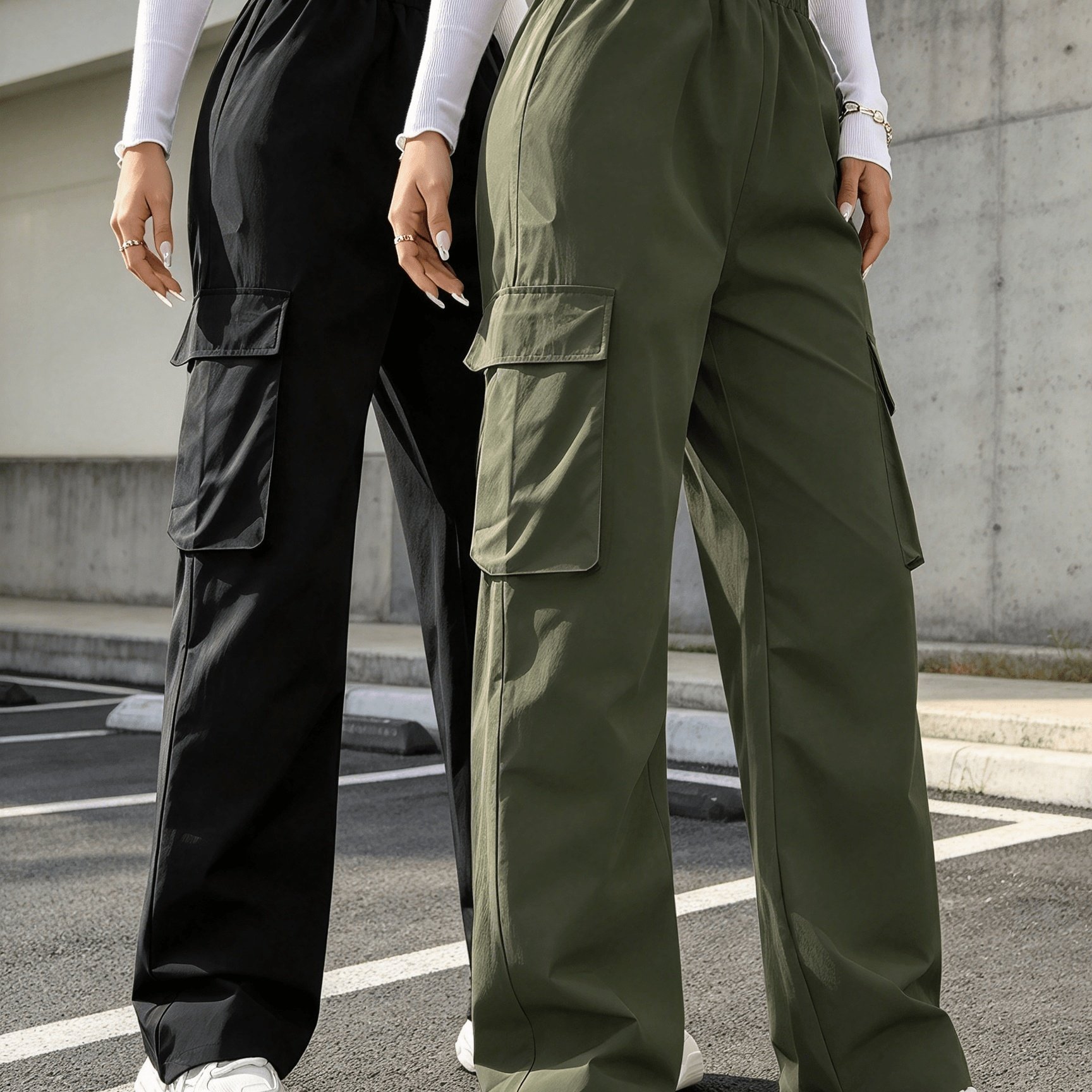 TEMU Herbst/Winter Mode Vielseitige Lässige Cargo-Hose 2-teiliges Set, Schwarz + Armeegrün Set, Lockere mit geradem Bein 2-teiliges Set, Beliebte