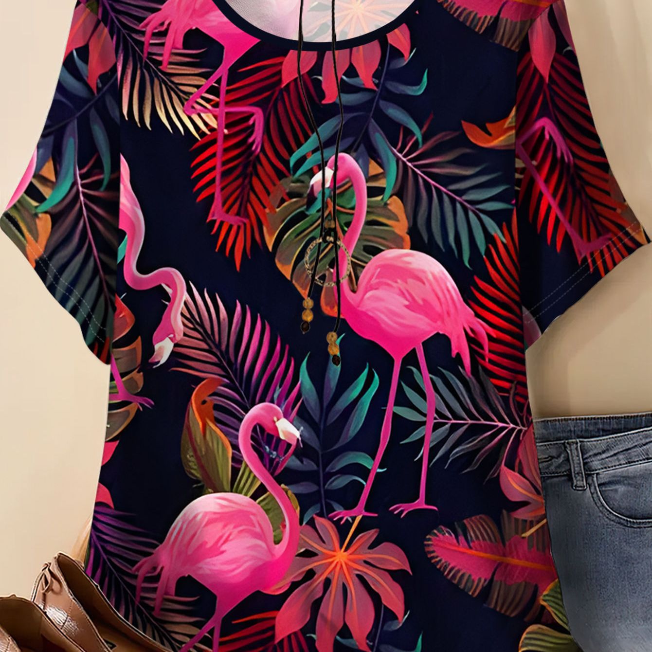 TEMU Plus-size Women's Tropical Flamingo Print Short-sleeve T-shirt, A Loose And Casual Top For Summer, Featuring A Multi-colored Plant Design