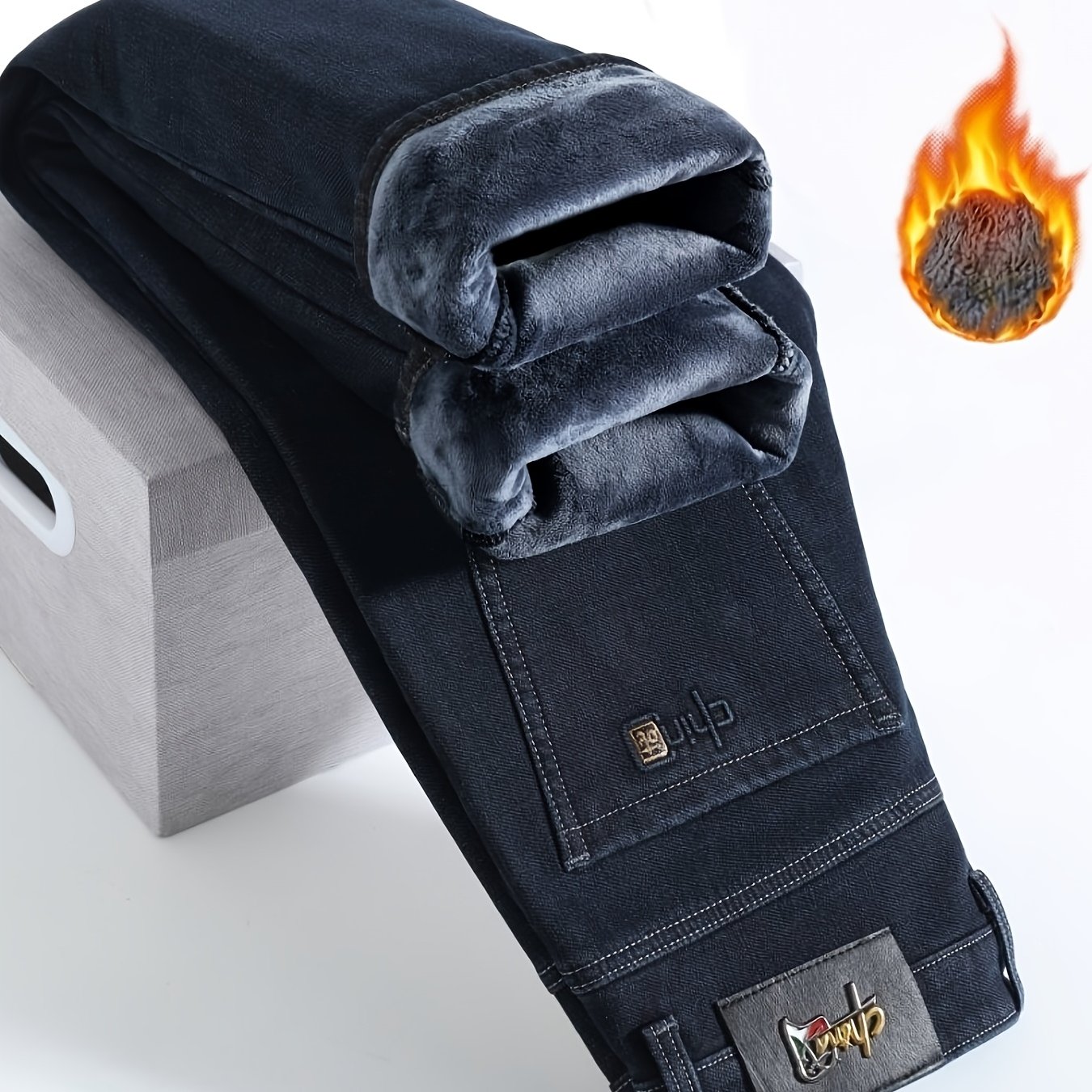 Winter Regular Warm Fleece-lined Work Casual Men's Jeans, Autumn Menswear