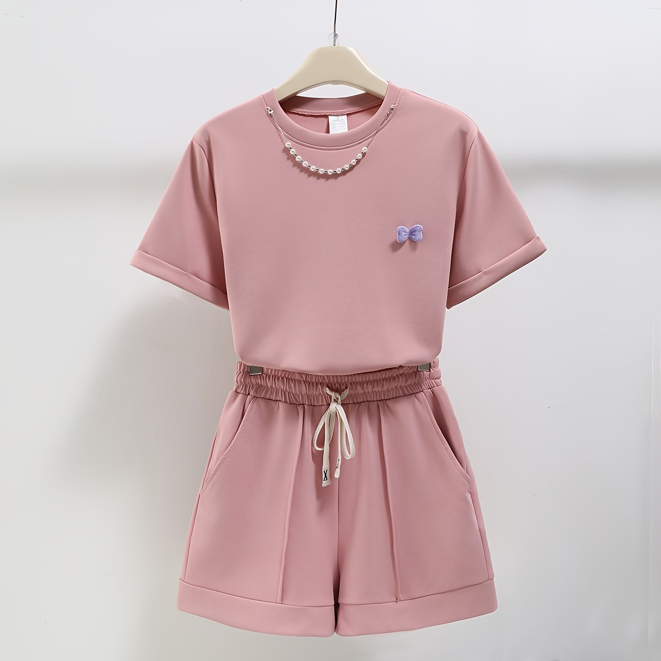 TEMU Fashionable Pearl Chain Bow Decoration Women's Round-neck Short-sleeved Shorts