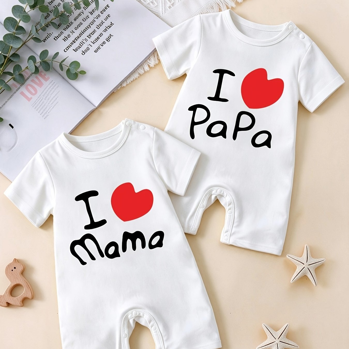 Image of 2pcs Baby Romper Set: White Short Sleeve "love Dad" + "love Mom" Bodysuit Newborn Onesie Outing Crawling Clothes, Perfect For Outdoor
