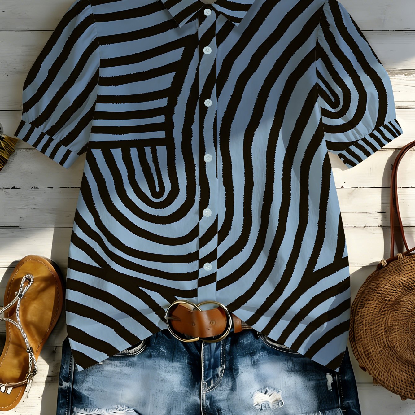 TEMU 1pc Short-sleeve Shirt With Black And Light Blue Pattern, Suitable For Daily Commuting, Beach Vacation, Casual Gatherings, And Shopping Trips.