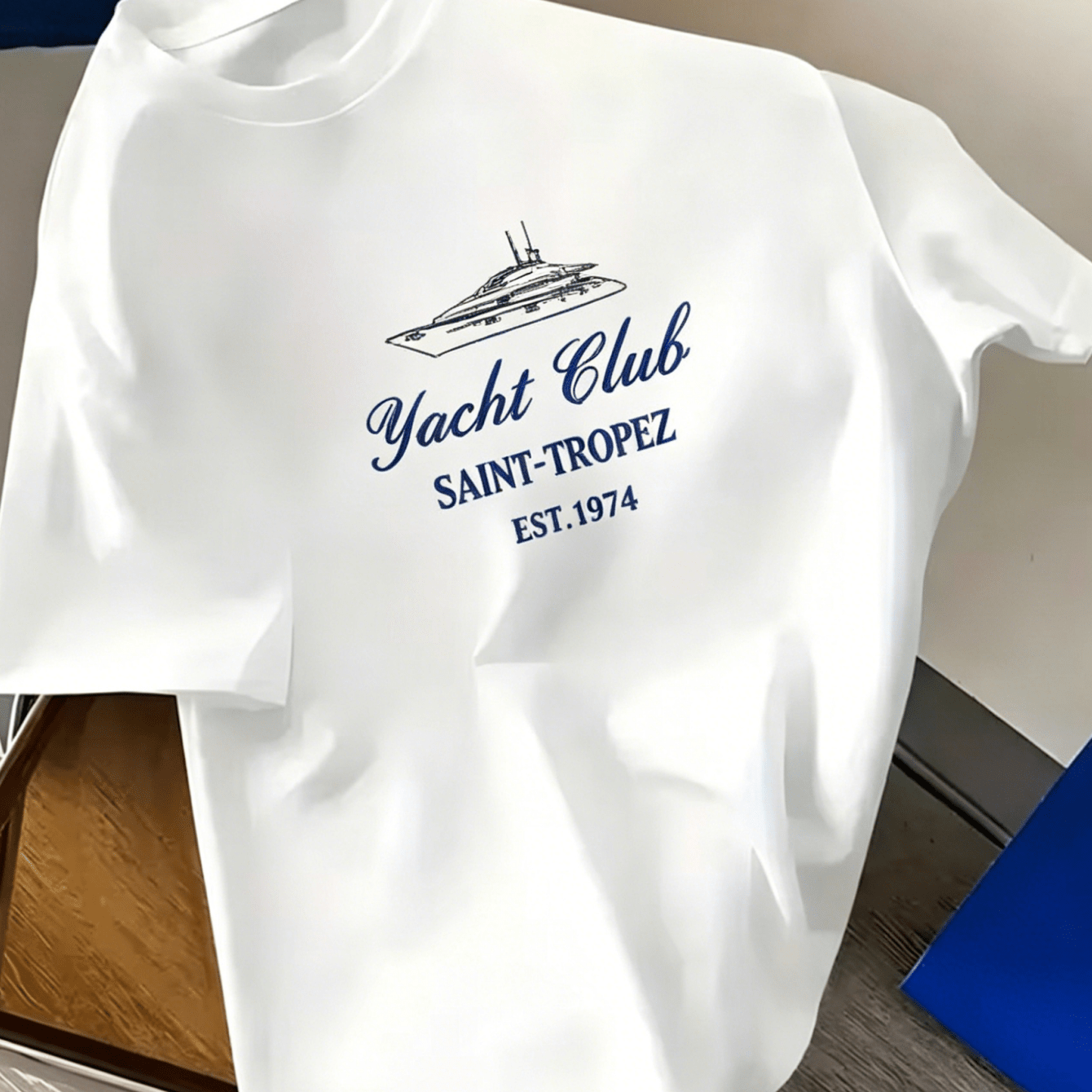 TEMU Saint-tropez Yacht -shirt - Vintage Yacht Print Short Sleeve Crewneck, Nautical Lettering, Machine Washable Summer Casual Wear Suitable For