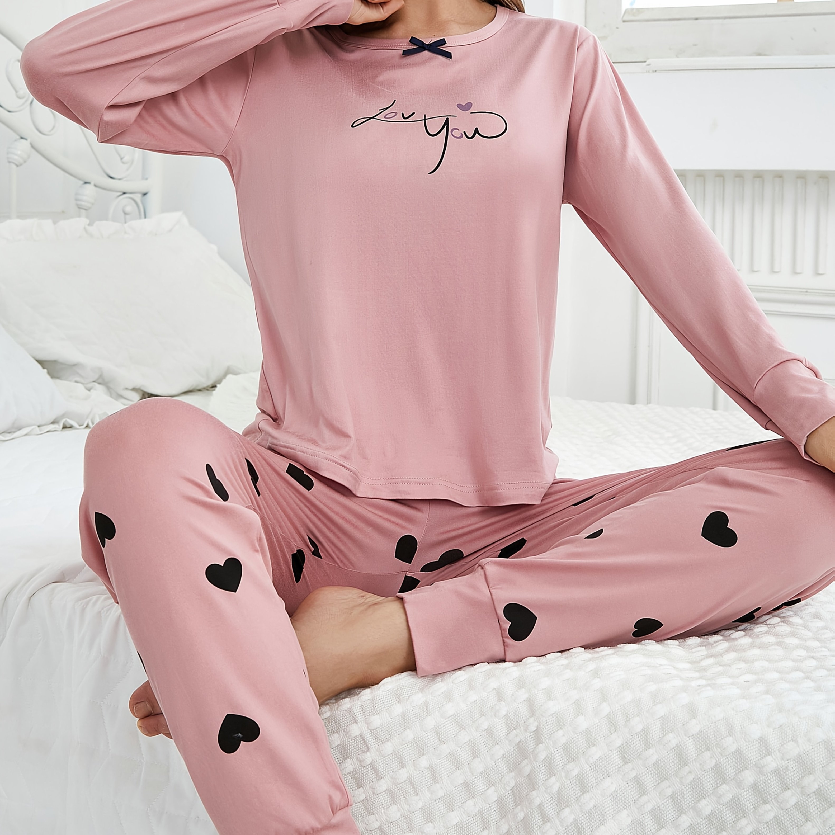 E-shop Frühlings-/Herbst Valentinstags-Pyjama-Set mit Herzmuster, Damen Langarm Freizeitkleidung für Zuhause