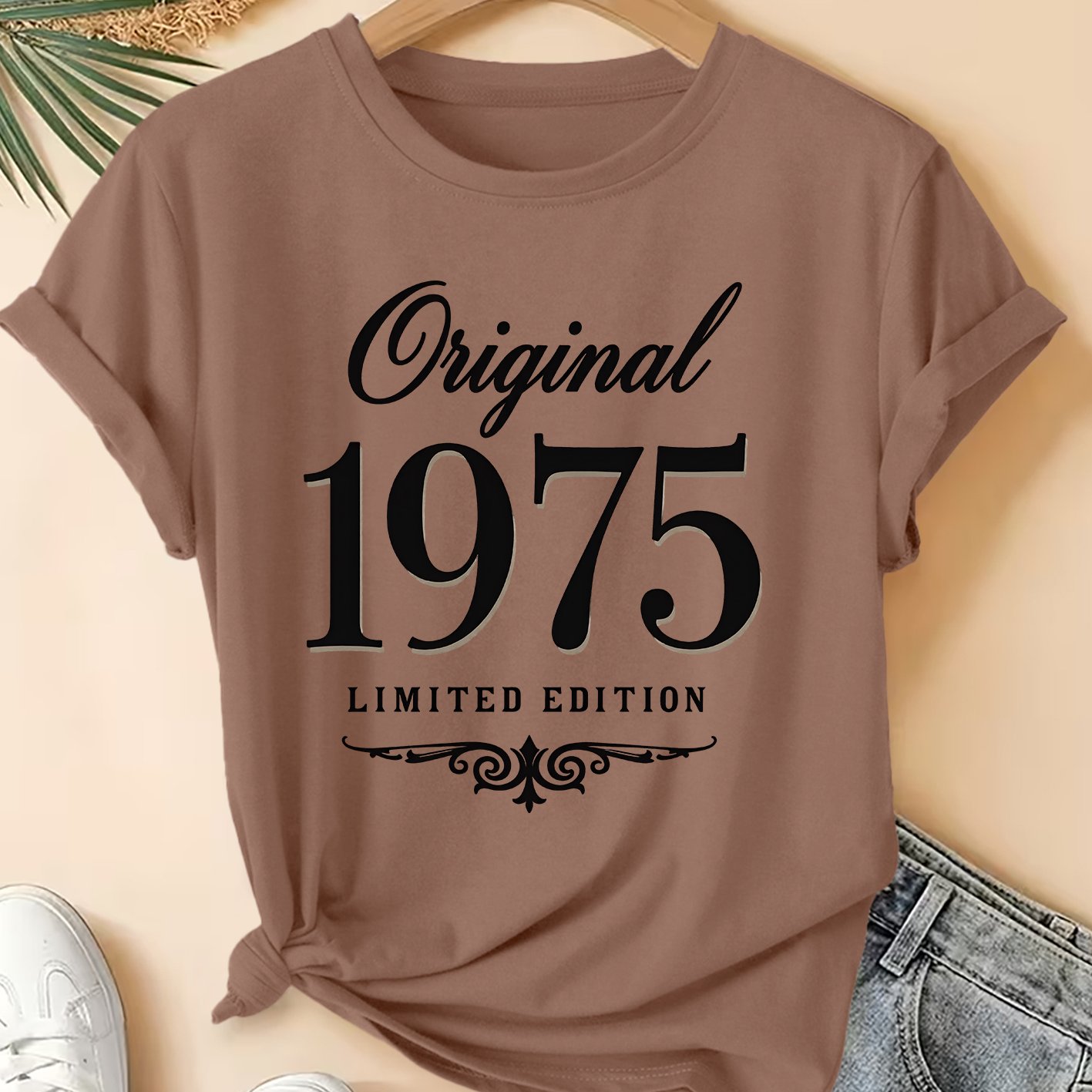 TEMU Women's Summer Apparel Original 1975 Edition Text Print Crew Neck Short Sleeve Plus Size Friendly Women's T-shirt Fashionable Commuting Vacation