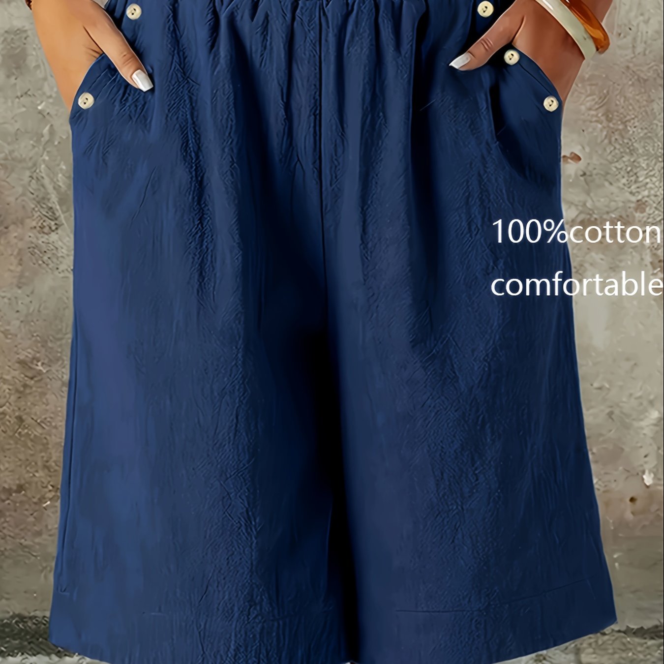 Image of Women's Casual 100% Shorts, Large Pocket Button-up, Pure Mid-length Pants, Capri Pants, Fashionable Casual , Solid Color Work Trousers, Beach Shorts