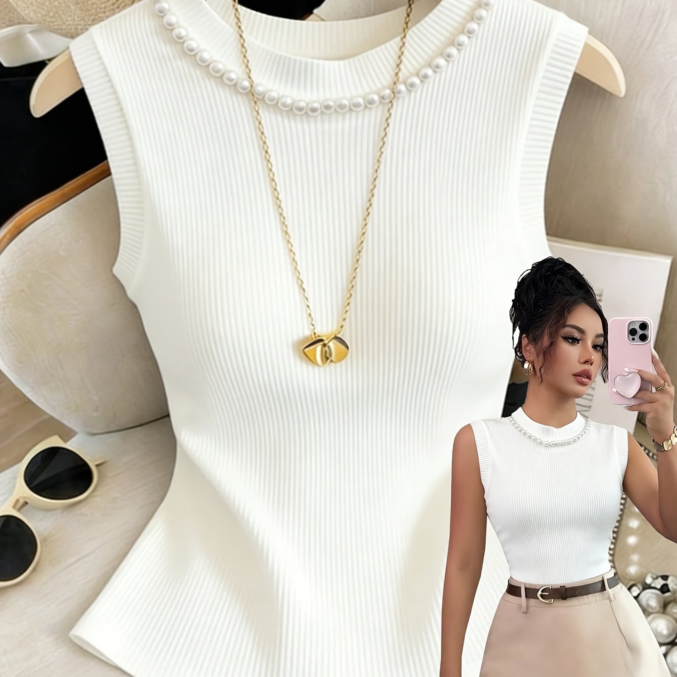 TEMU Women' Color Pearl Embellished Round Neck Casual Tank Top