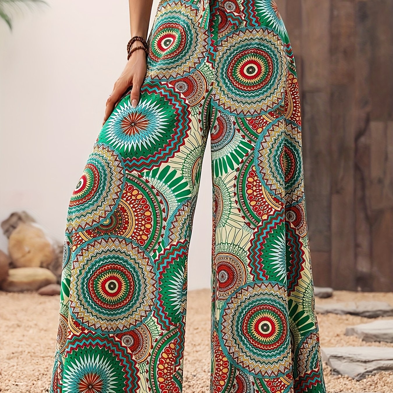E-shop Böhmische Sommer Damenbekleidung im exotischen Ethno-Stil, Vintage-Druck High-Waist Wide-Leg Hose für Strandurlaube
