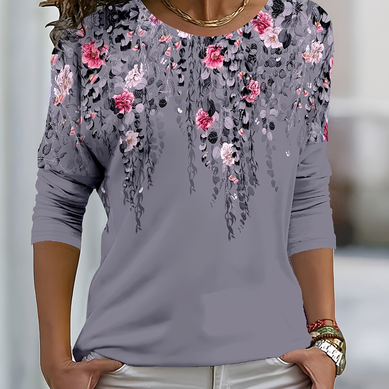 Image of Women's Elegant Abstract Floral Print Raglan Sleeve T-shirt - Round Neck Long Sleeve Top, Machine Washable Regular Fit Blouse For Wear, Semiformal Attire, Artistic Fashion, Durable Fabric