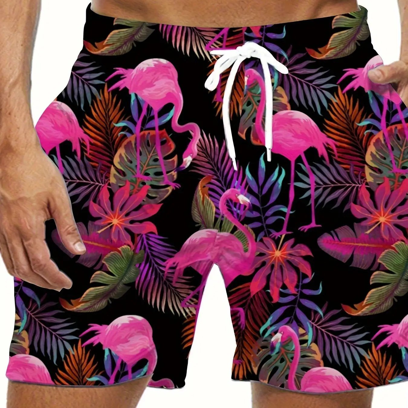 TEMU Men's Plus-size Shorts - Quick-drying And Breathable Swim Trunks, Featuring Flamingo And Tropical Leaf Prints, With An Elastic Waistband And