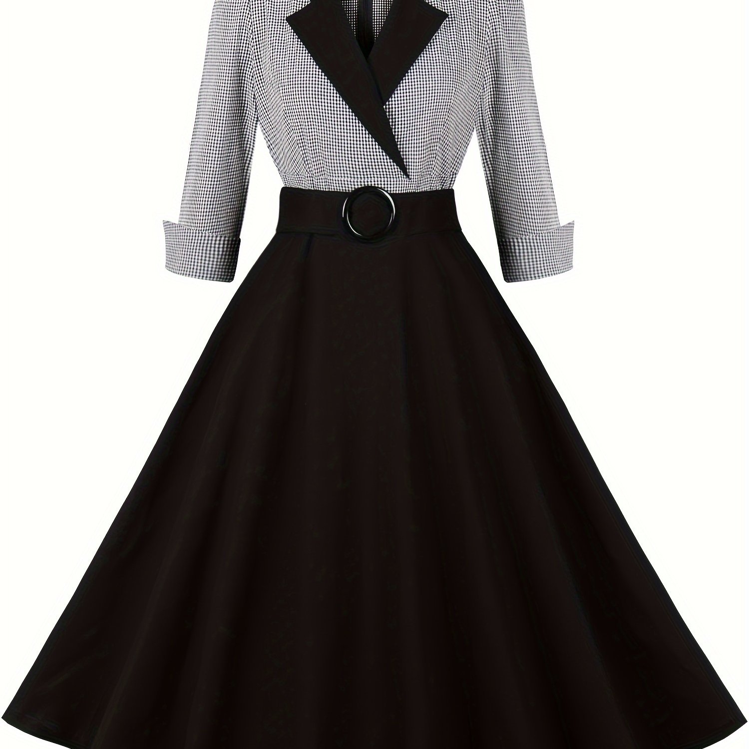 Image of And Black Elegant Ladies Rockabilly Dresses Notched Collar 3/4 Sleeve Autumn Winter Women Vintage Dress