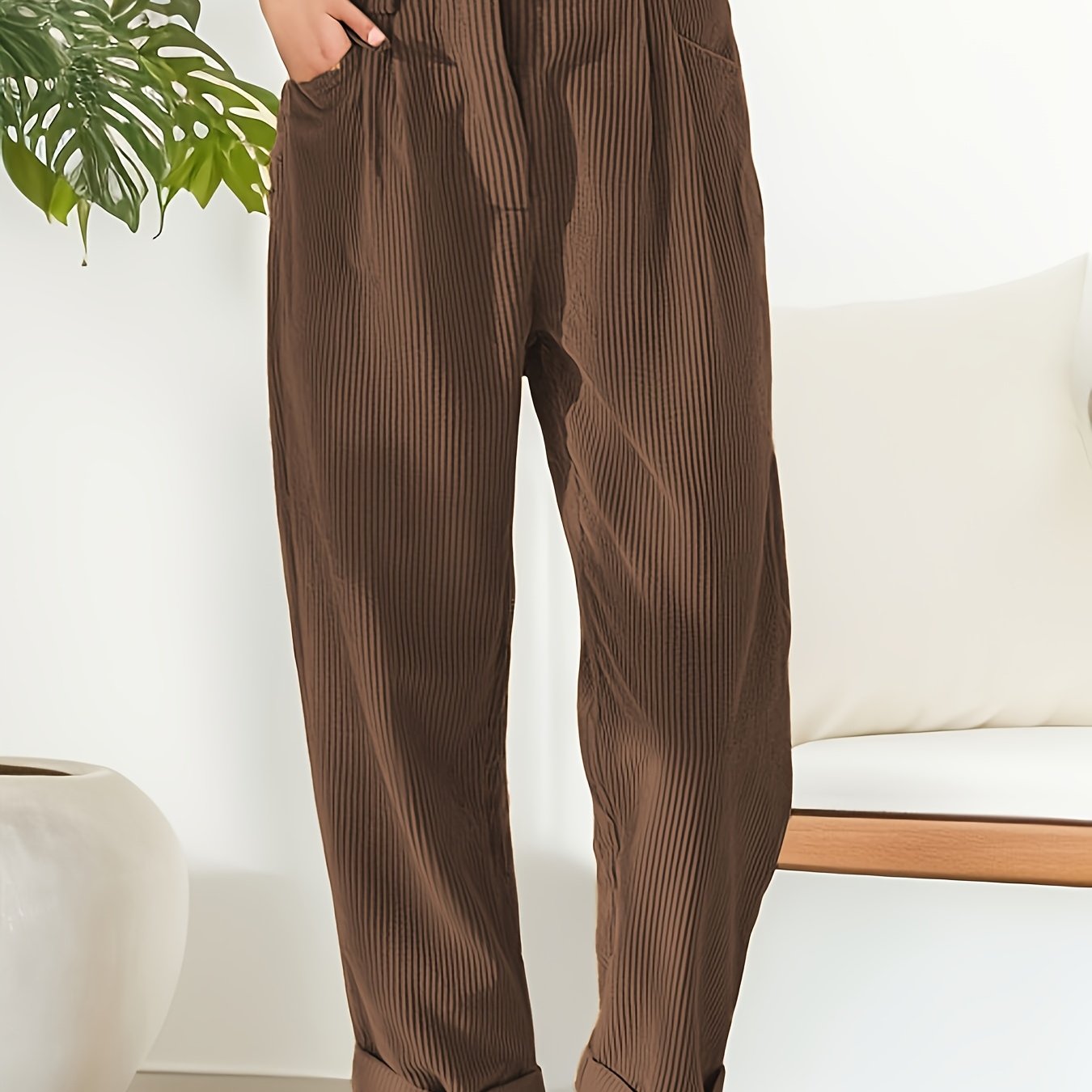 Image of New Autumn/winter Women's High-waisted Casual Pants, European And Solid Color Corduroy Loose Straight-leg Trousers For Women