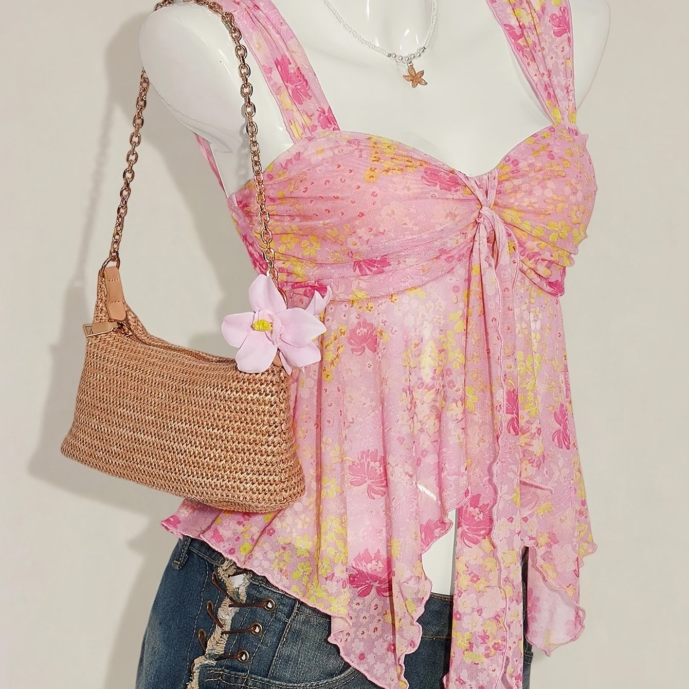 E-shop Damen Ditsy Blumenmuster Asymmetrischer Saum Niedliches Blumenoberteil, Süßes Sommeroberteil Herbst Damenbekleidung Niannian