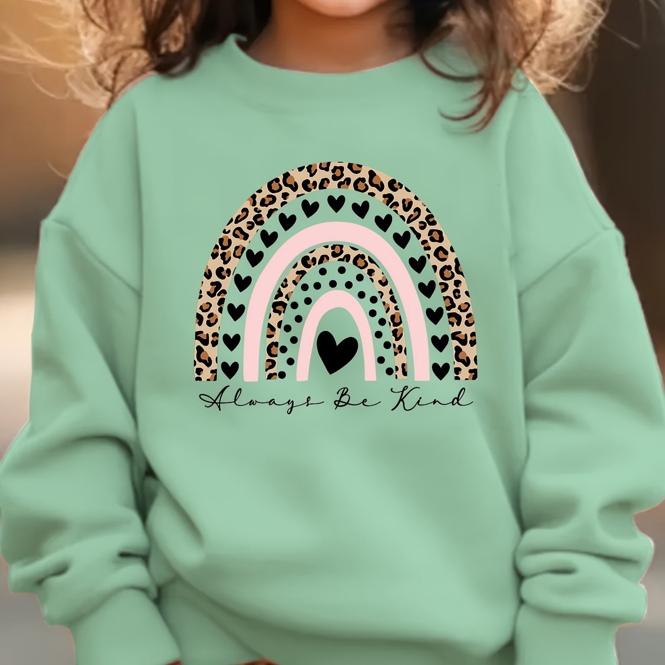 Image of Girls' And Older Autumn Fleece Round Neck Sweatshirt With Creative Arch Shape Print, Versatile Casual Top