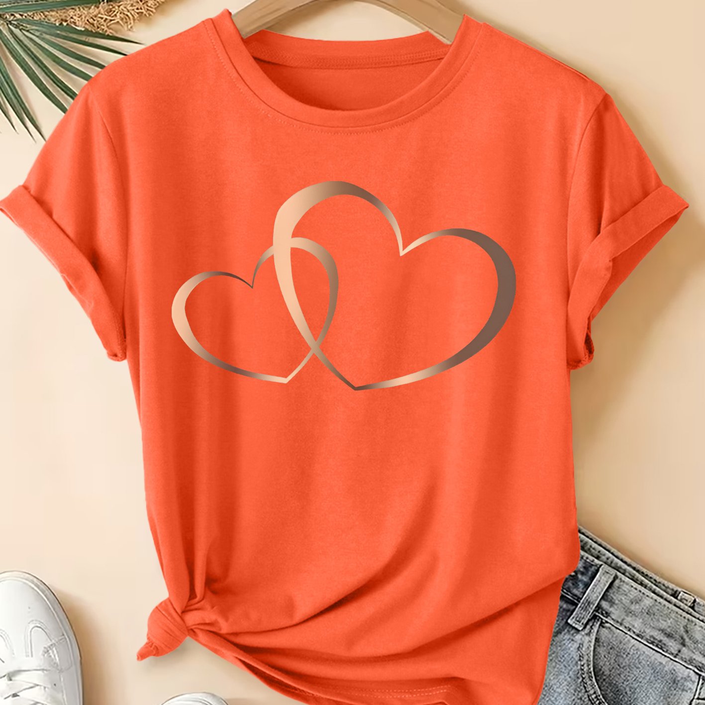 TEMU Women's Summer Clothing Rose Golden Print Round Neck Short-sleeved T-shirt Easy Fashion Commuting Vacation Daily Versatile Plus Size Friendly