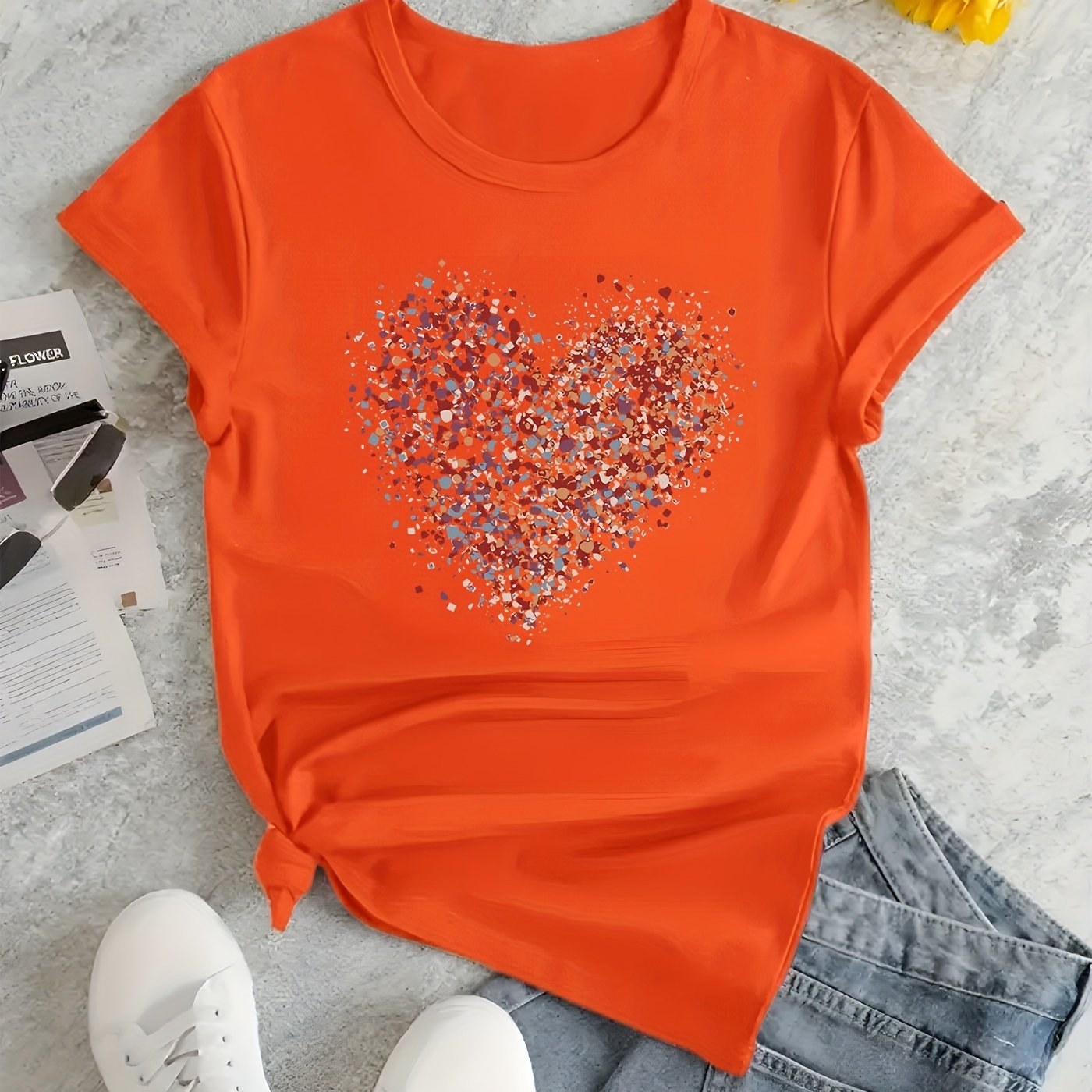 TEMU 3388# Neues Oranges Kurzarm-T-Shirt - 2025 Liebe Frauen-Oberteil