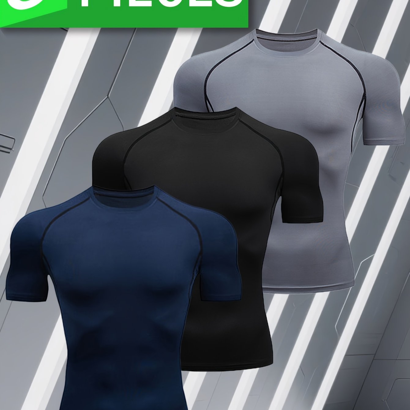 TEMU 3pcs Men's Quick-dry Solid Color Layer Casual Fitness Sportswear, Lightweight Breathable Moisture-wicking Compression Slim Fit Short Sleeve