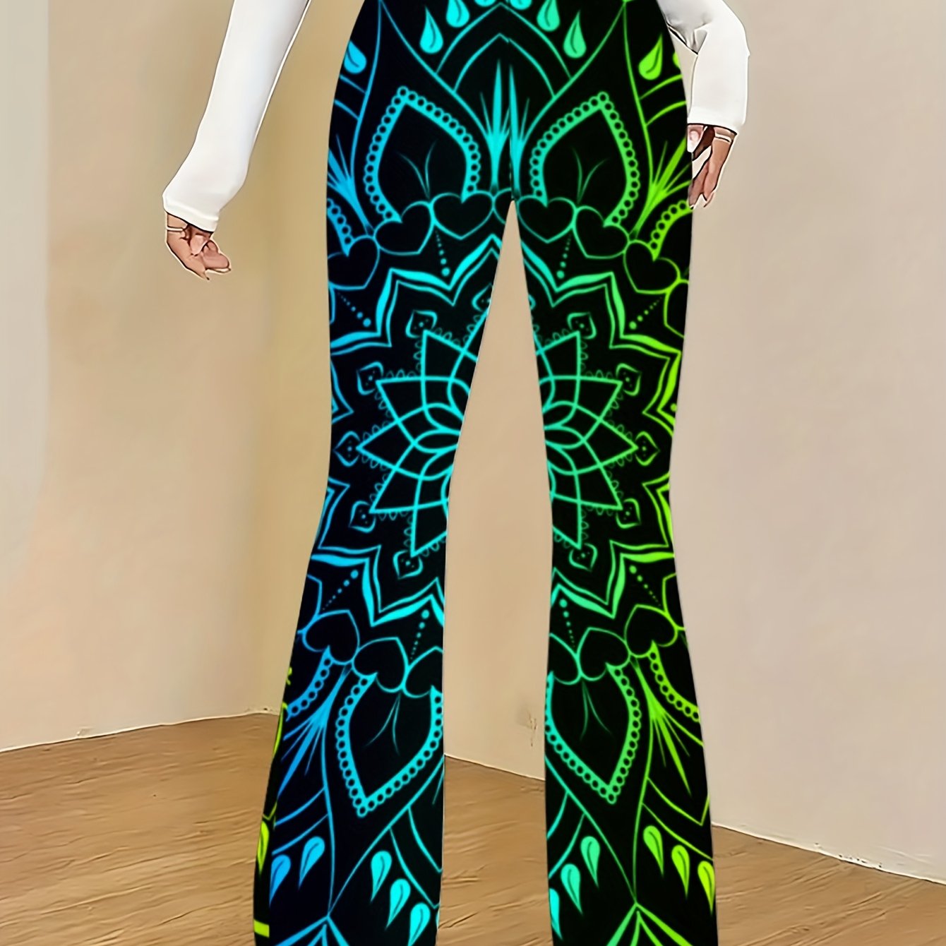 TEMU Women's Trendy And Unique Flared Pants, Featuring A Tight-fitting, Silhouette With An . The Pants Showcase A Geometric Pattern Print, Medium