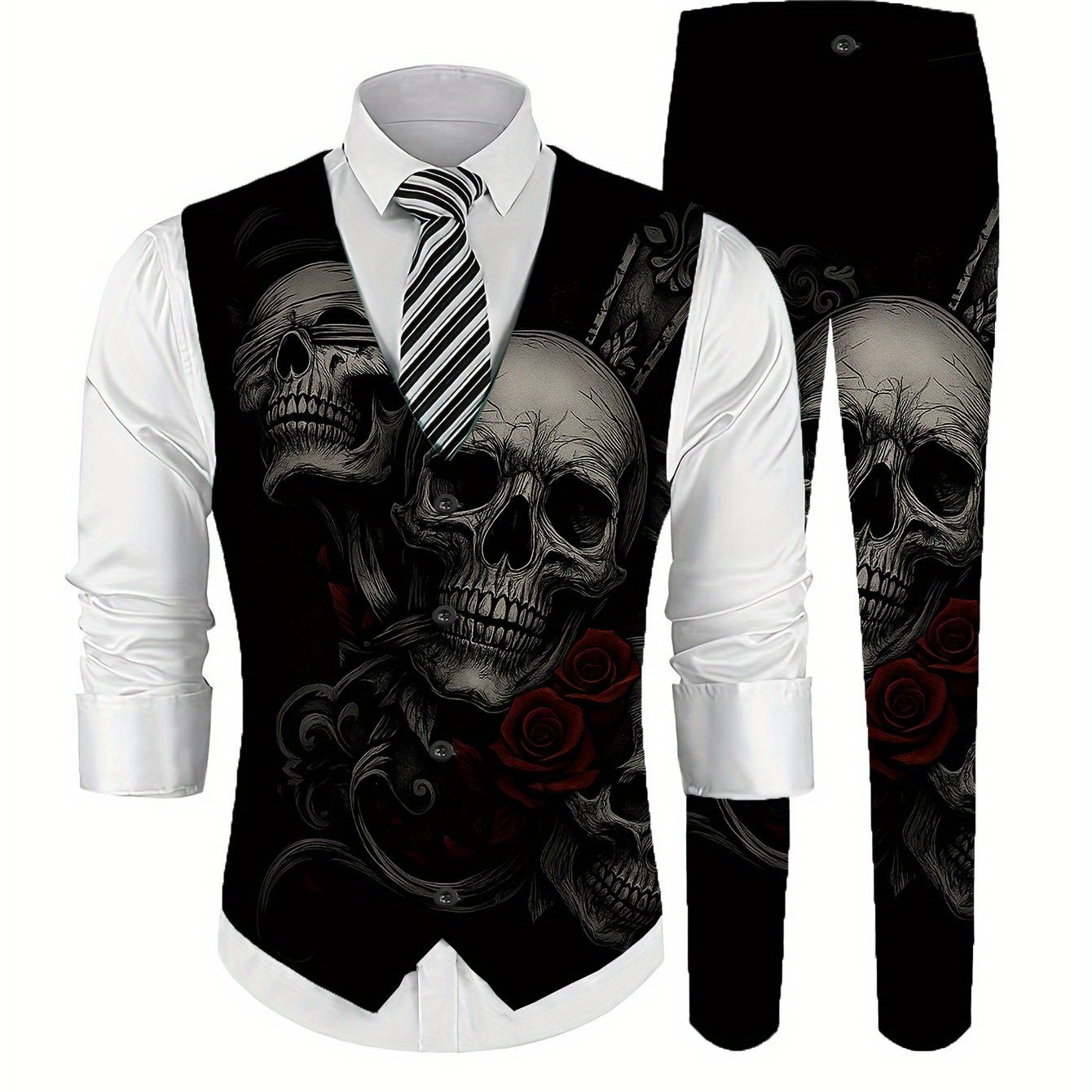 TEMU Fashion Men's 2pcs Vest And Dress Pants Suit Business Formal Print Suit Vest And Trousers Combination Men's Vest Dress Pants Suit Skull Rose
