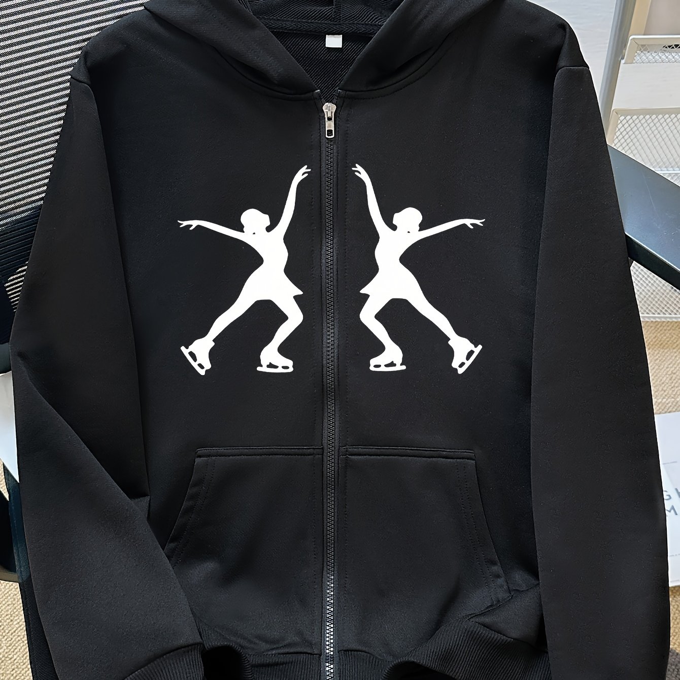 TEMU Women's Skating Graphic Print Hooded Zip-up Jacket - Soft Polyester, Slightly Stretchy Long Sleeve Casual Sweatshirt With Ribbed Cuffs &