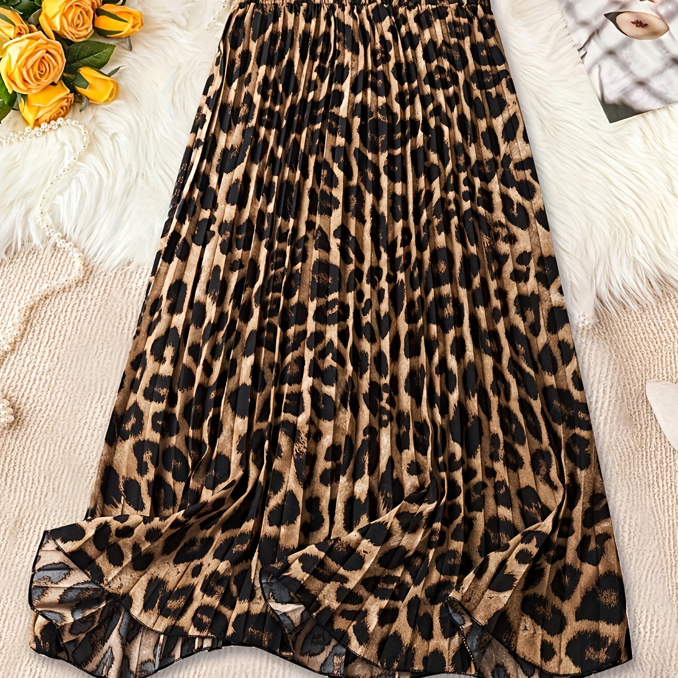 TEMU Women's Elegant Leopard Print Maxi Dress - Flowy A-line Long Skirt With Belted Waist, Brown & Animal Print, Perfect For Spring/fall, Casual To
